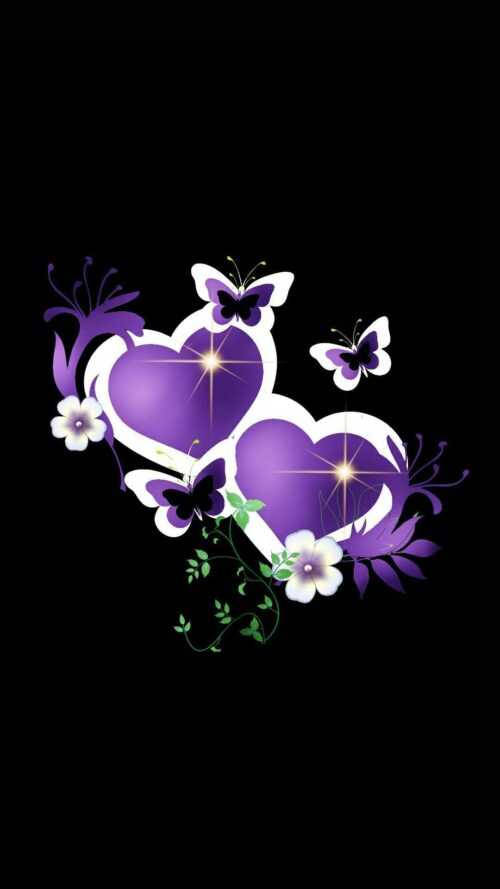 purple hearts, butterflies, white flowers, SD Phone Wallpaper