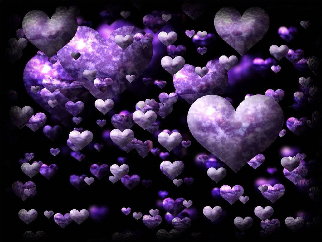 purple hearts, cosmic textures, black background, HD Desktop Wallpaper