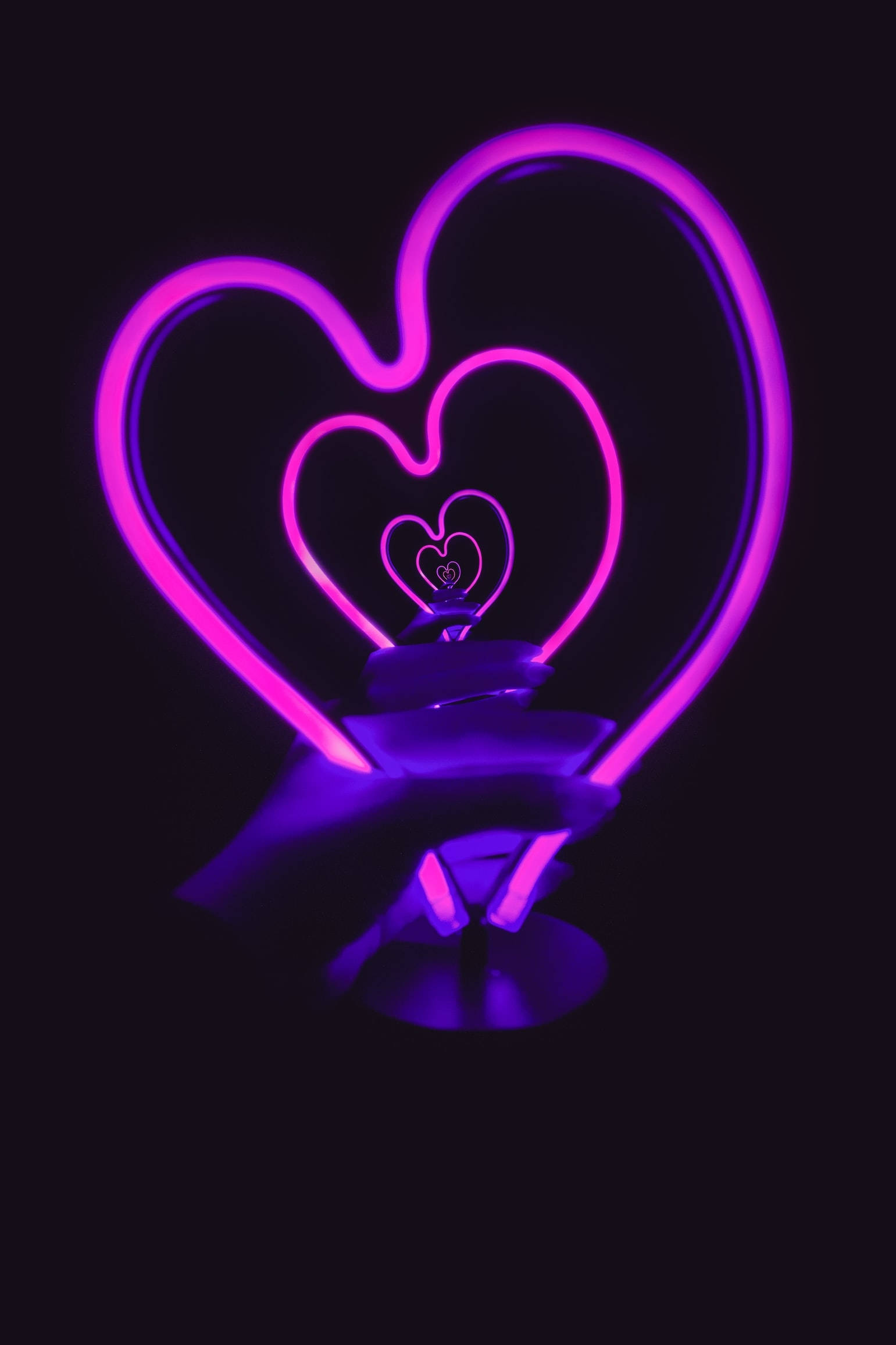 purple neon sculpture, three nested hearts, glowing, Full HD Phone Wallpaper