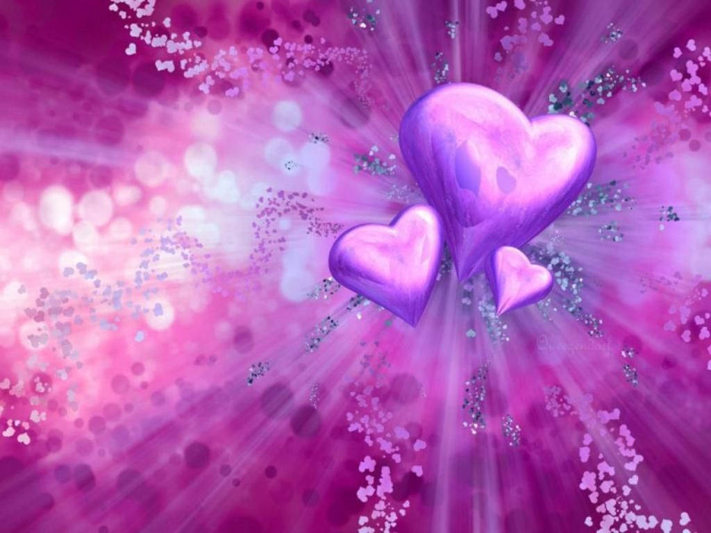 three purple hearts, glossy purple, sparkling pink, SD Desktop Wallpaper