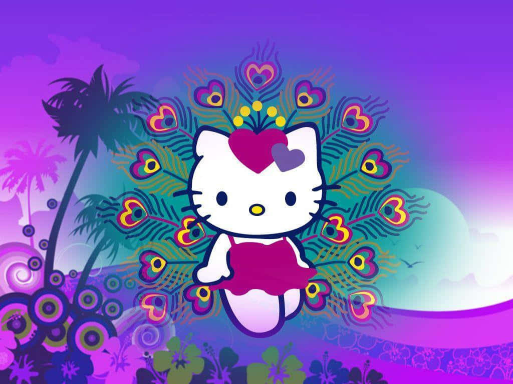 Purple Hello Kitty, peacock feather headdress, pink dress, SD Desktop Wallpaper