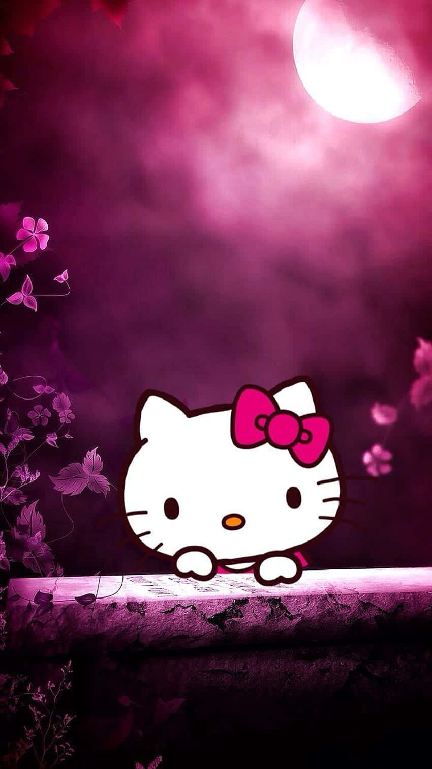 Purple Hello Kitty, full moon, stone ledge, HD Phone Wallpaper