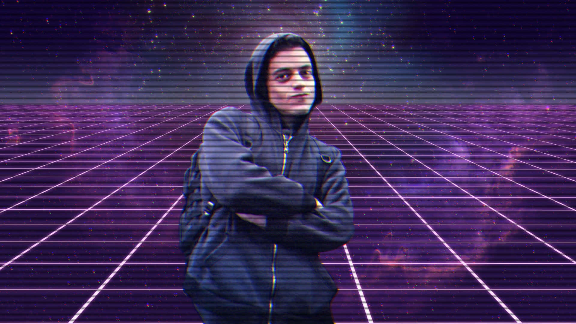 Purple Hoodie, glowing purple grid, starry retro-futuristic sky, Full HD Desktop Wallpaper