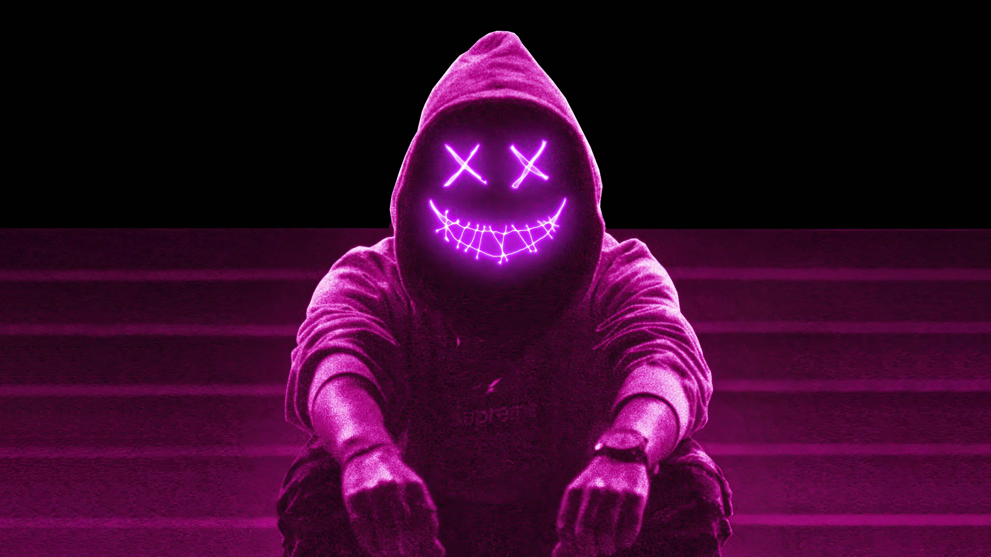 Purple Hoodie, glowing purple X eyes, jagged grin, 4K Desktop Wallpaper
