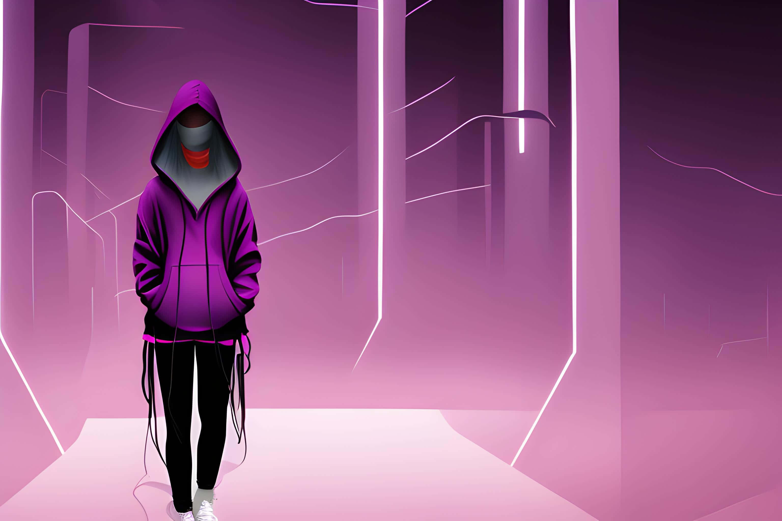 purple hoodie, neon pink corridor, abstract geometric walls, 2K Desktop Wallpaper