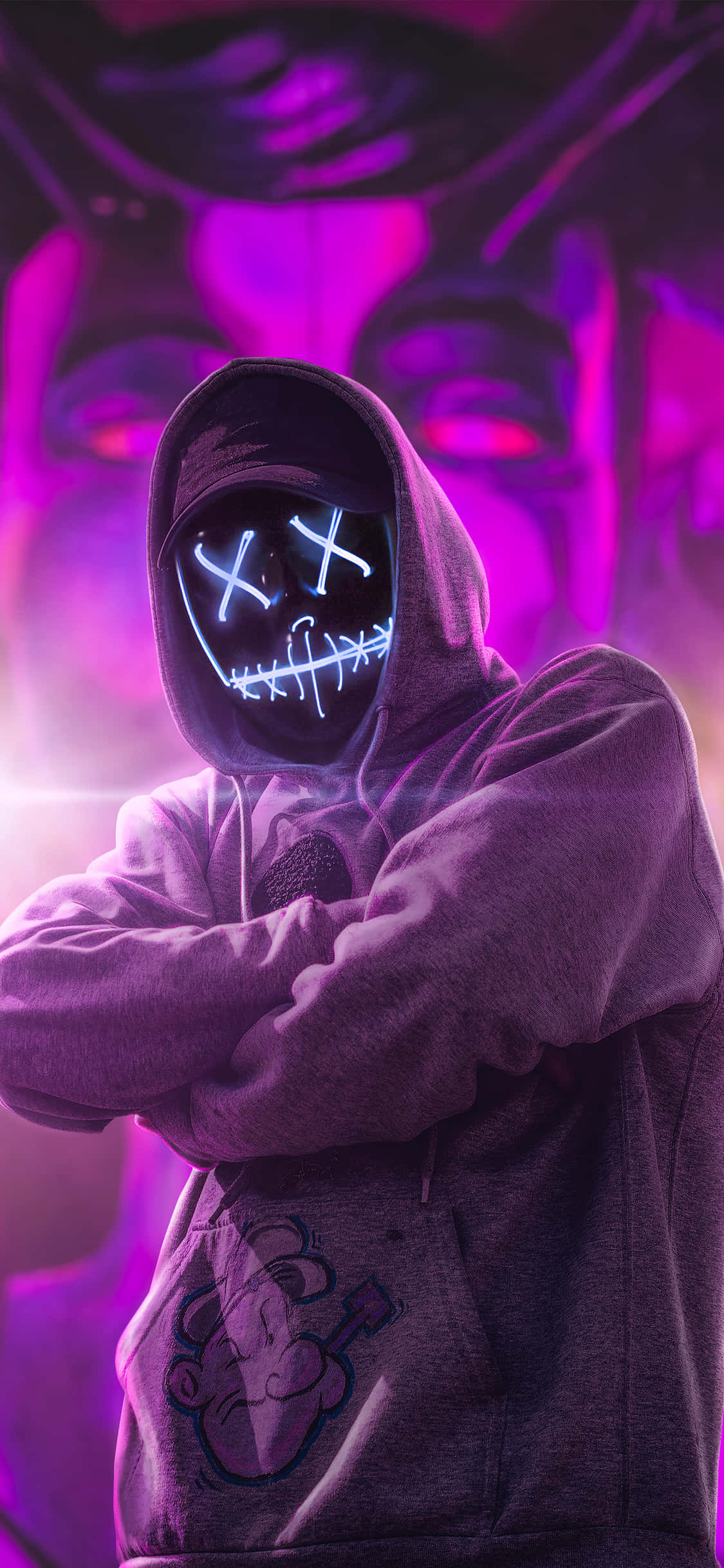 Neon Mask Hoodie Figure, purple hoodie, glowing neon mask, Full HD Phone Wallpaper