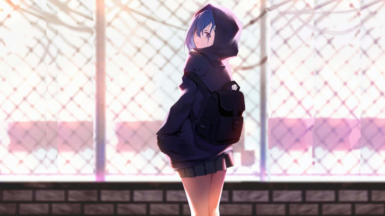 anime girl, purple hoodie, blue-haired, HD Desktop Wallpaper