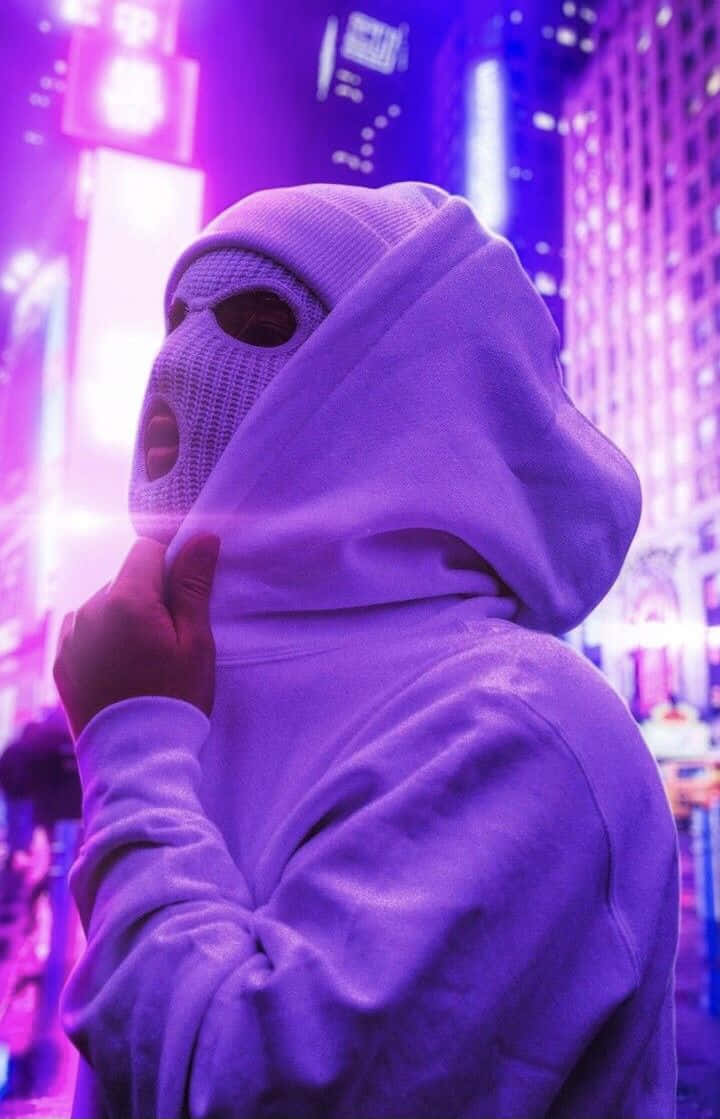 purple hoodie, neon-lit cityscape, vibrant purple lights, SD Phone Wallpaper