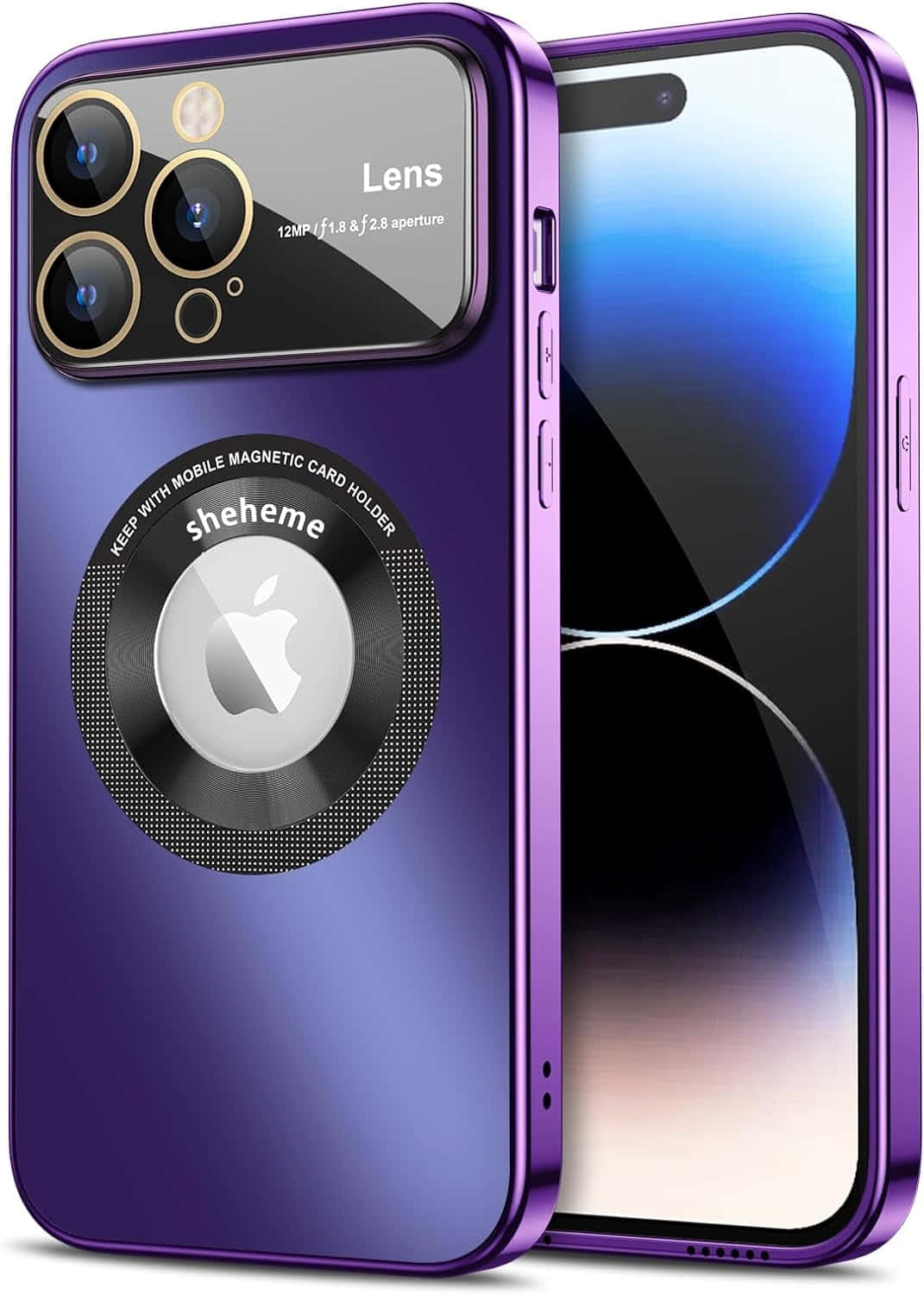 Purple iPhone 14 Pro Max, magnetic card holder, camera lens details, HD Phone Wallpaper