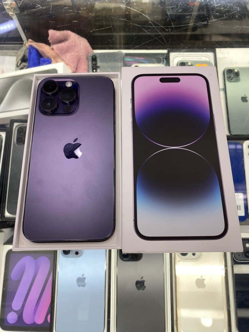 Purple iPhone 14 Pro Max, gradient screen, retail setting, SD Phone Wallpaper