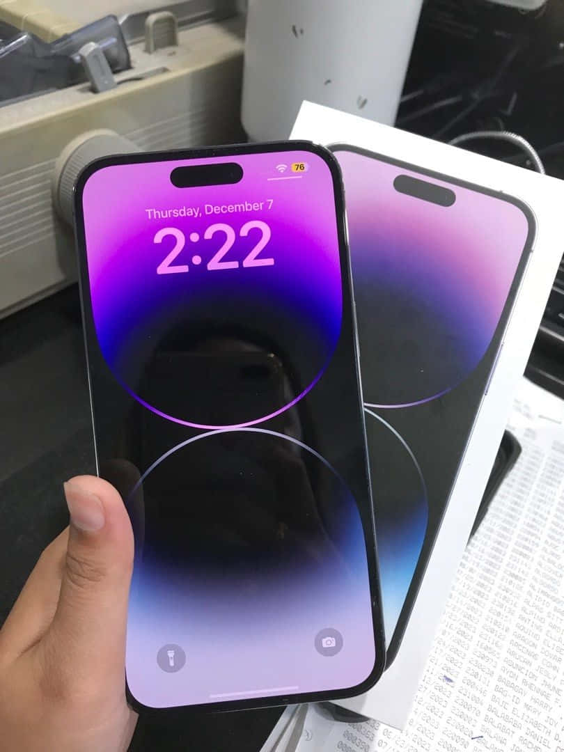 Purple iPhone 14 Pro Max, purple gradient wallpaper, time and date, SD Phone Wallpaper