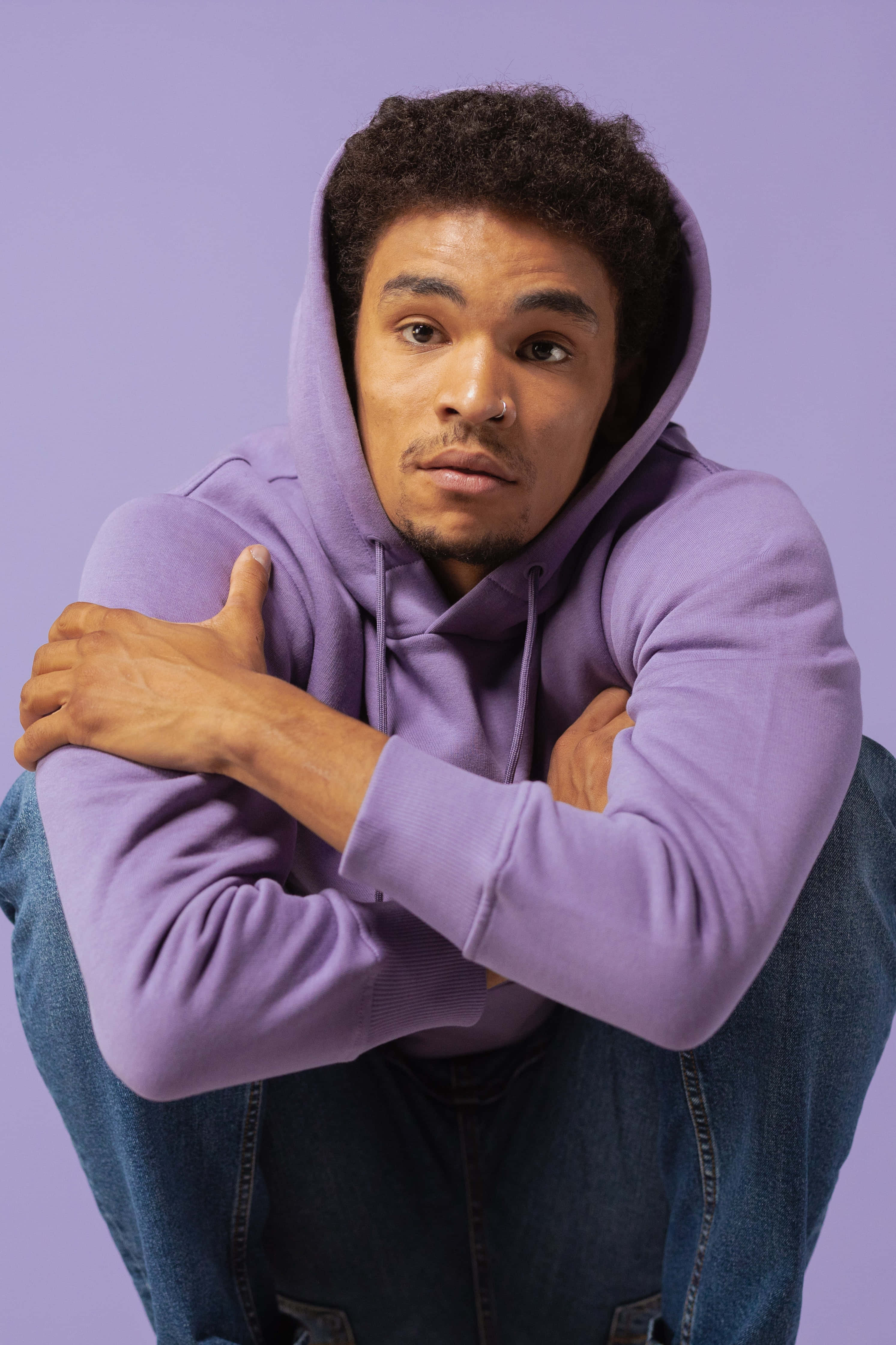 purple hoodie, lavender background, young man, 4K Phone Wallpaper