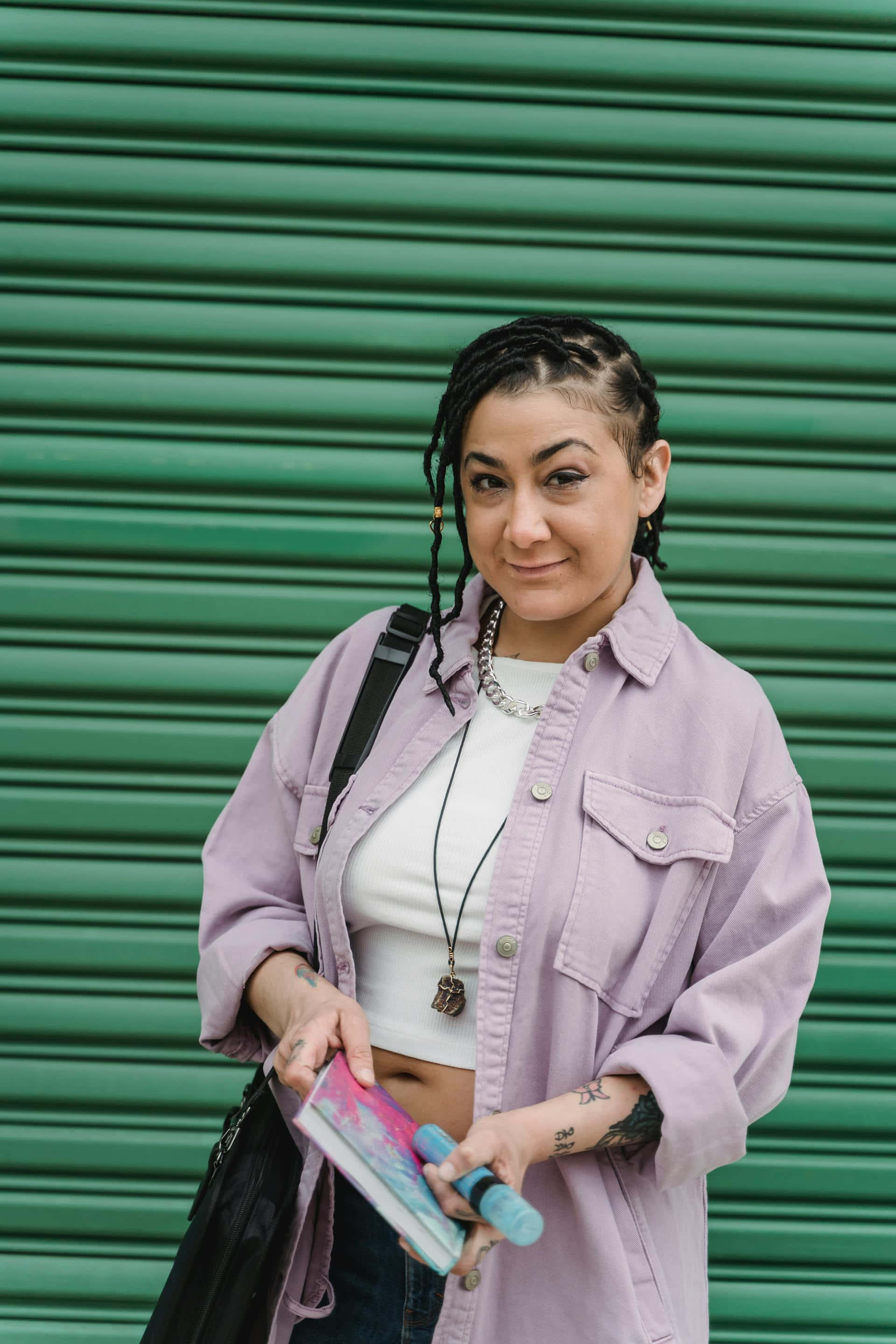 purple jacket, young woman, braided hair, 2K Phone Wallpaper