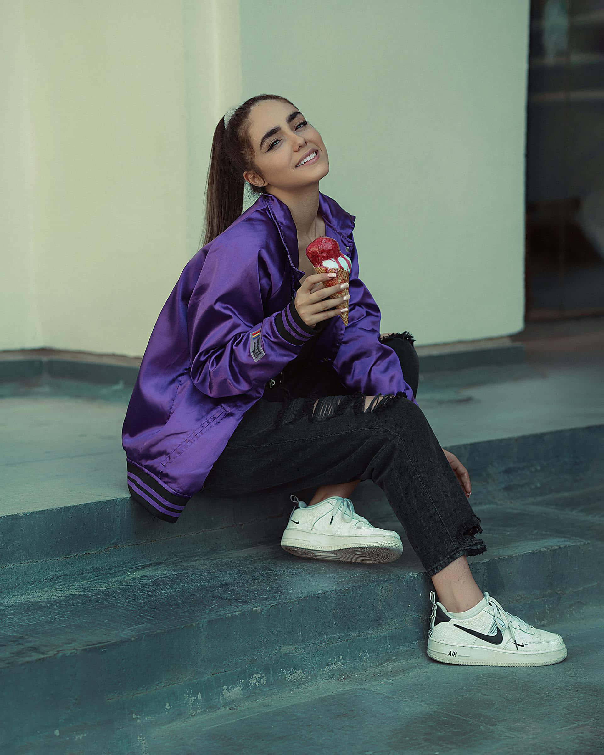 shiny purple jacket, concrete steps, red ice cream cone, Full HD Phone Wallpaper