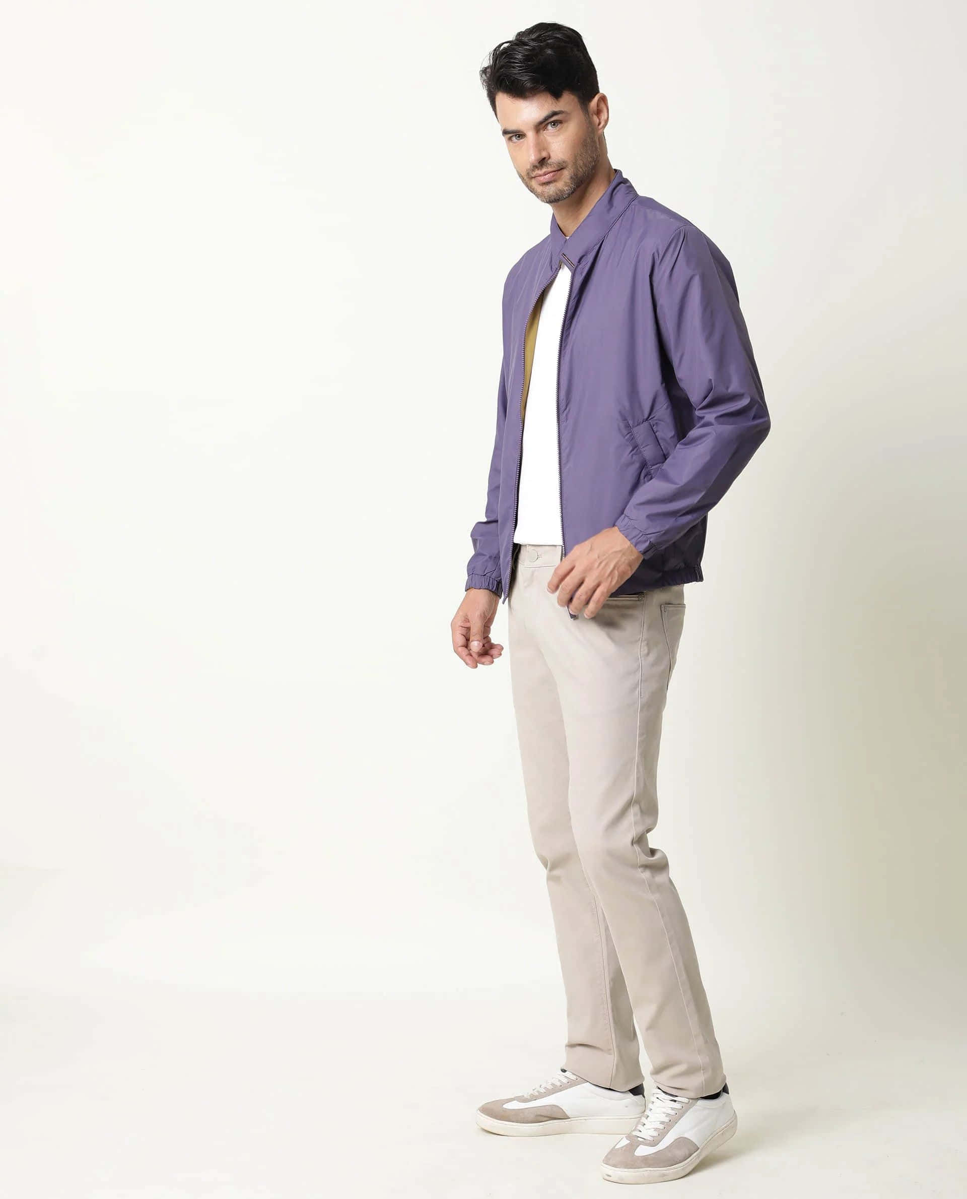 purple jacket, beige pants, white sneakers, Full HD Phone Wallpaper