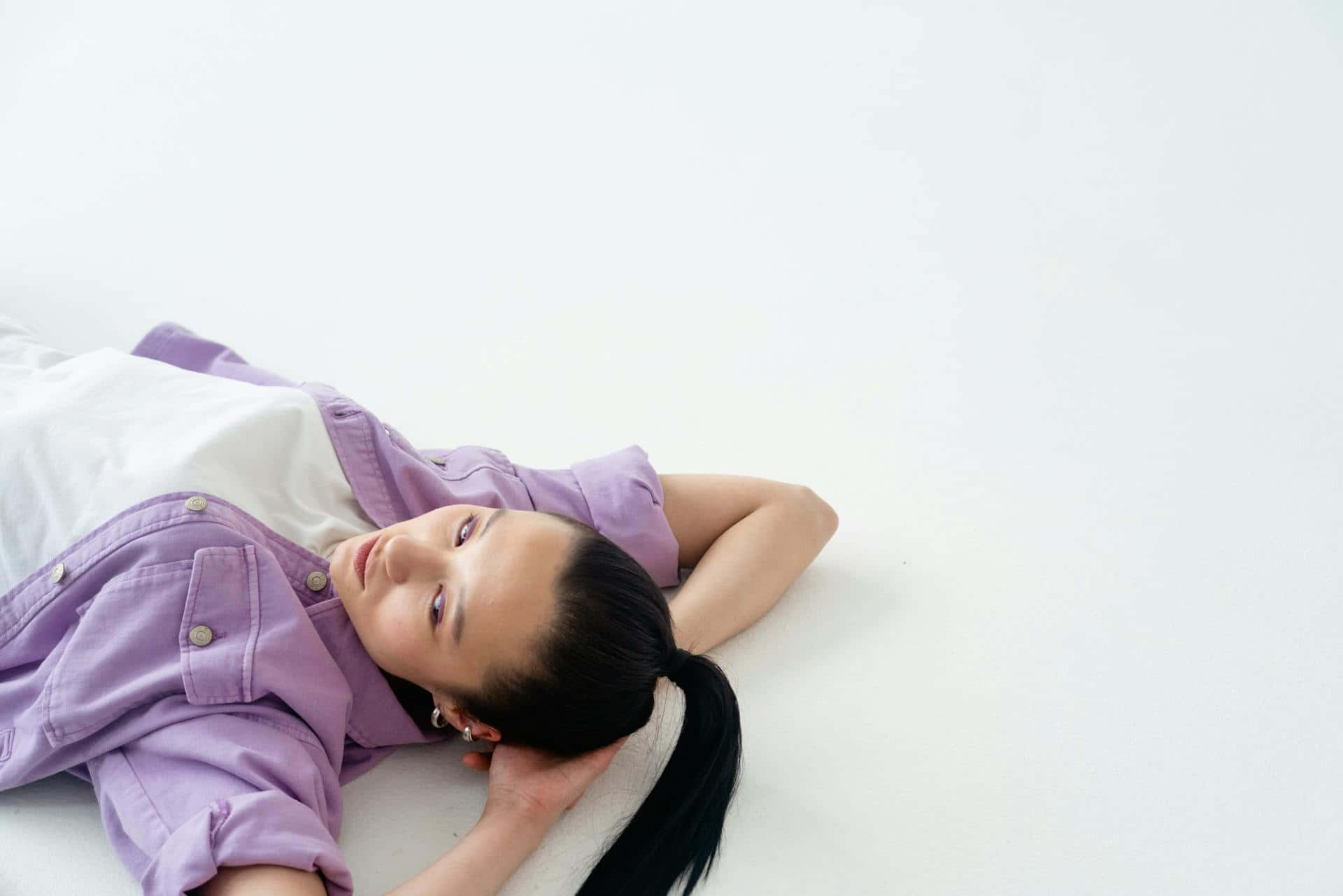 purple jacket, dark hair, ponytail, Full HD Desktop Wallpaper