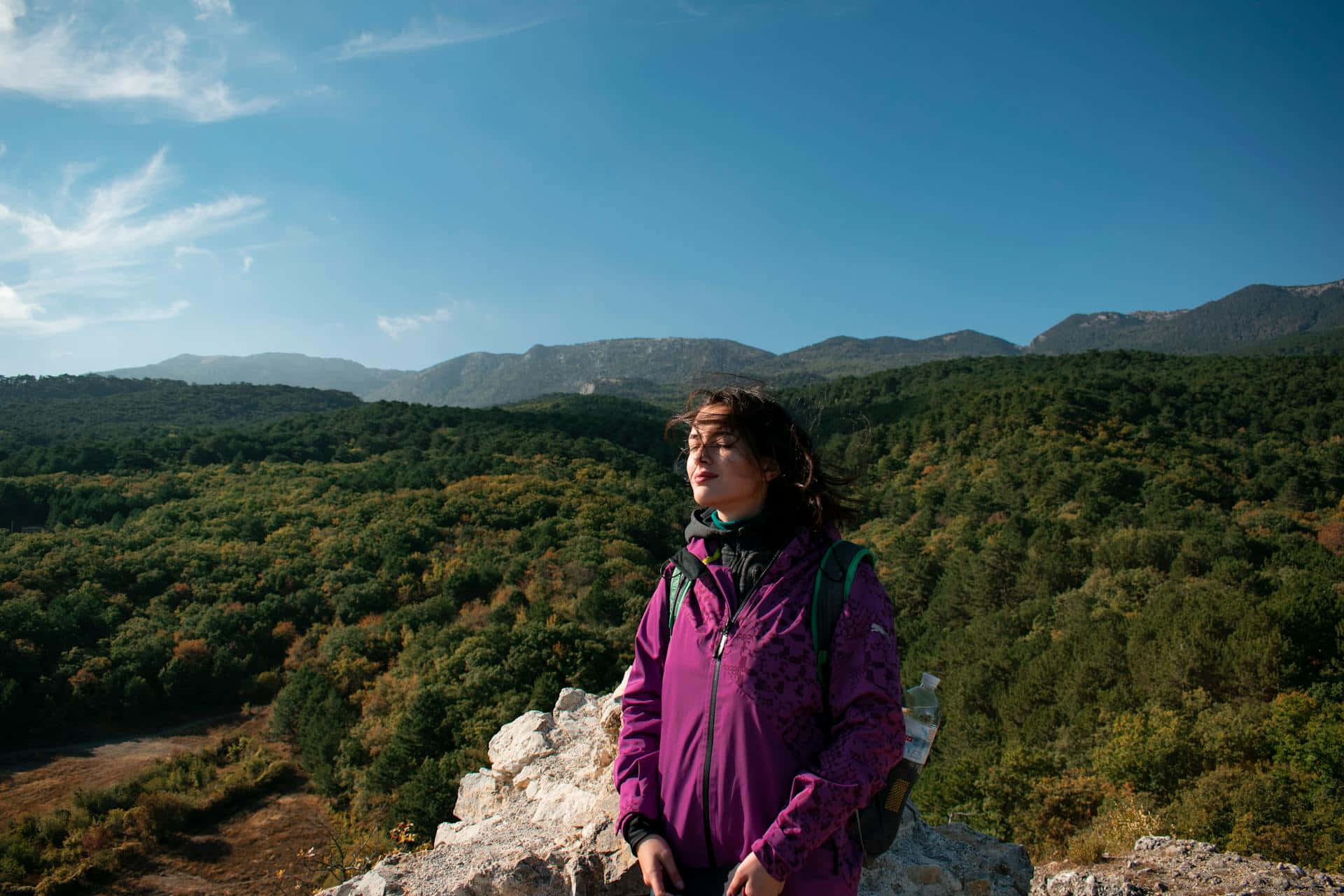 Contemplative Hikerin Purple Jacket, purple jacket, rocky outcrop, Full HD Desktop Wallpaper