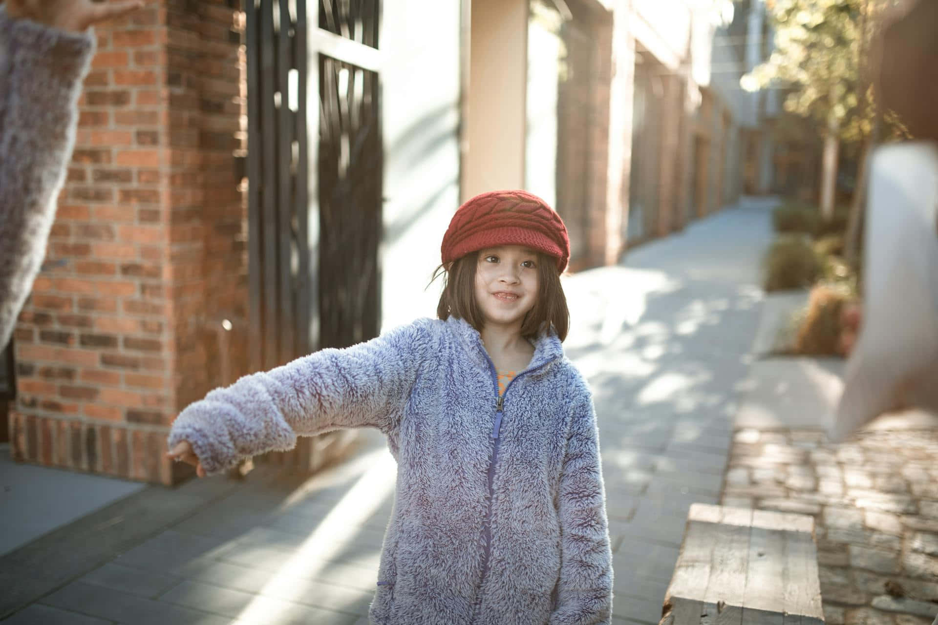 child, purple jacket, red hat, Full HD Desktop Wallpaper