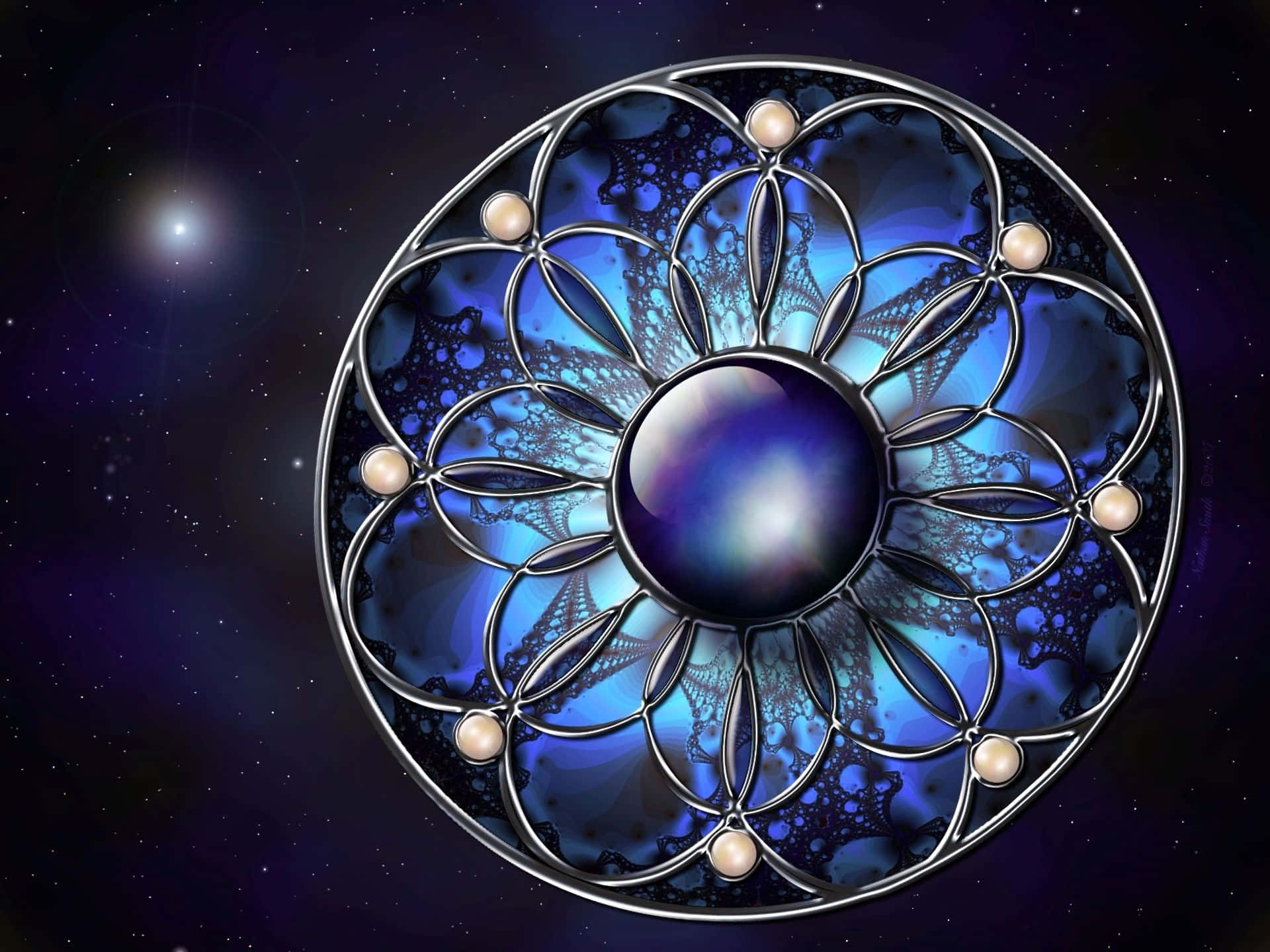 Purple Jewelry, glowing blue fractal mandala, pearl accents, Full HD Desktop Wallpaper