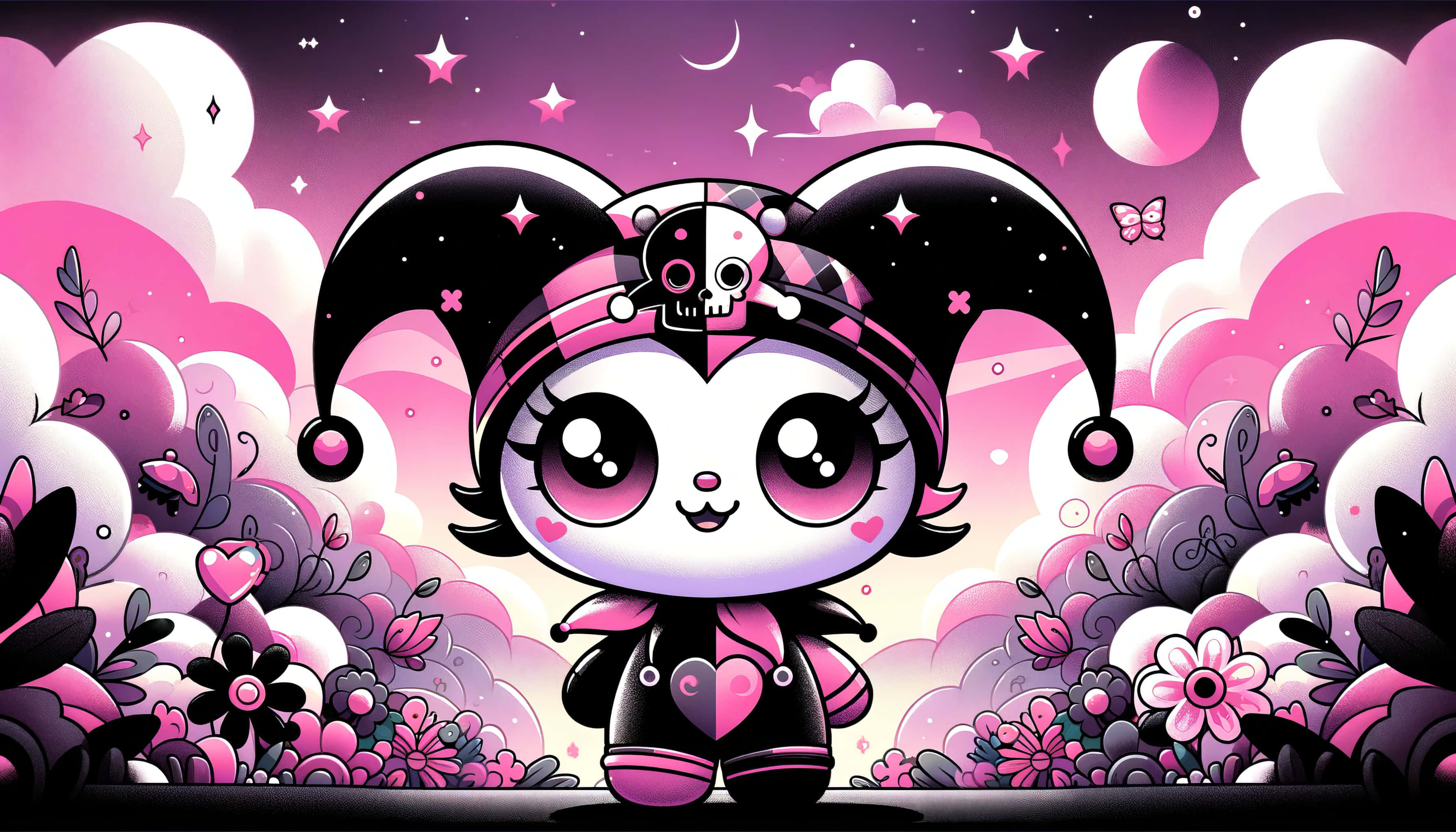 Kuromi, purple fantasy landscape, skull hat, 2K Desktop Wallpaper
