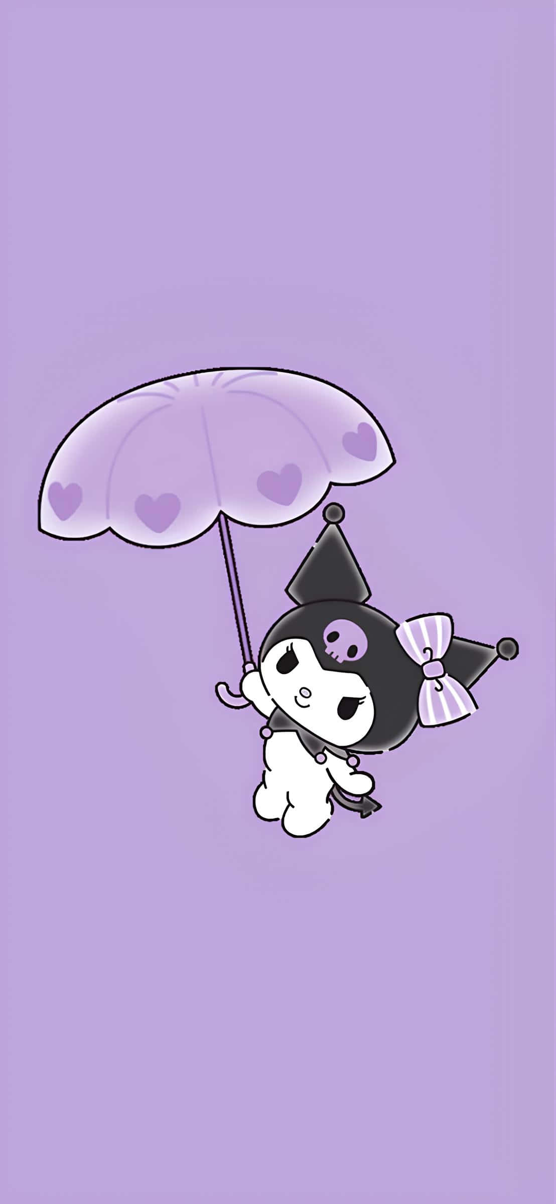 Kuromi, purple heart-patterned umbrella, solid lavender background, Full HD Phone Wallpaper