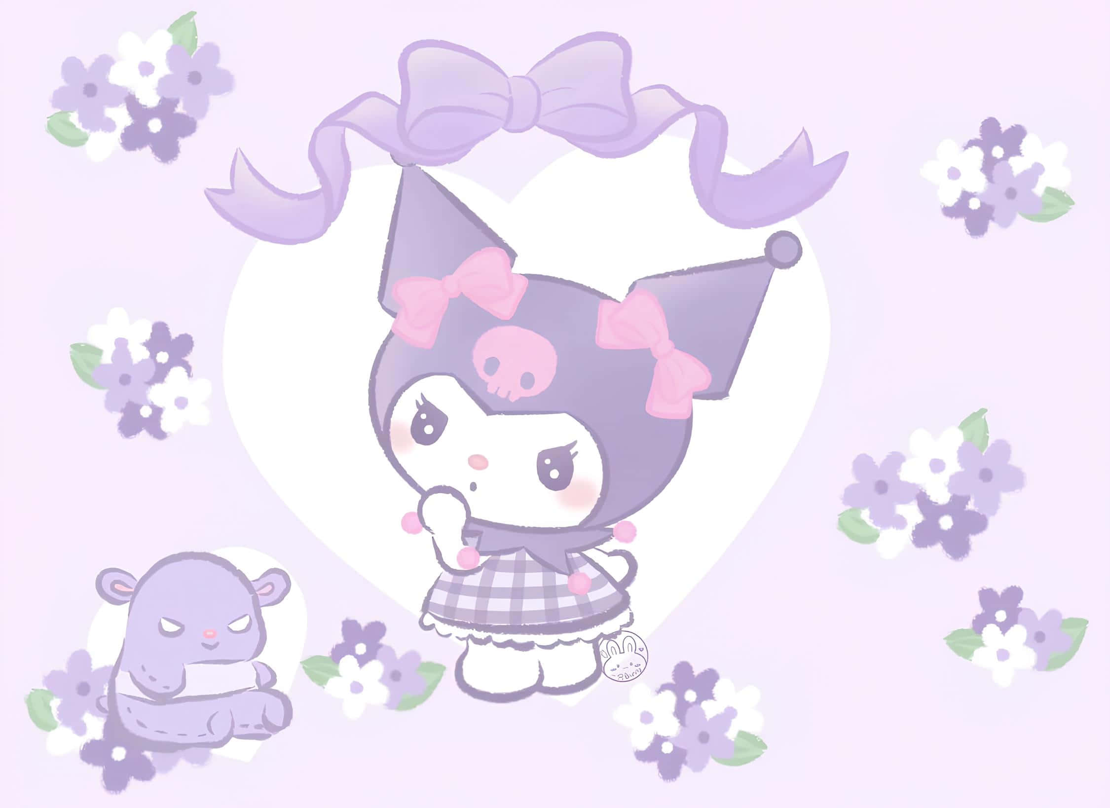 Pastel Purple Kuromi, pink bows, plaid dress, Full HD Desktop Wallpaper