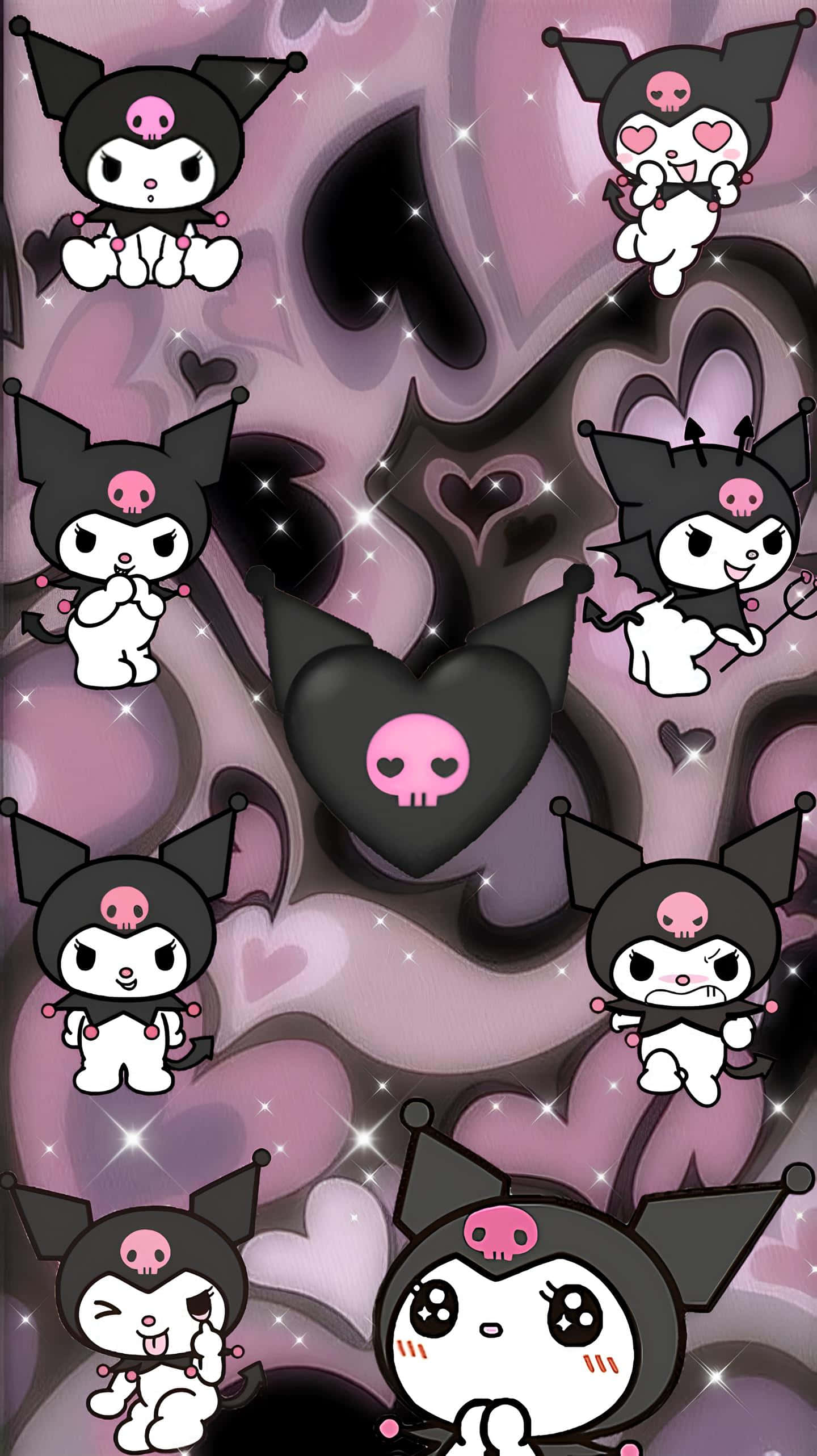 Kuromi, hearts pattern, glittering purple background, 2K Phone Wallpaper