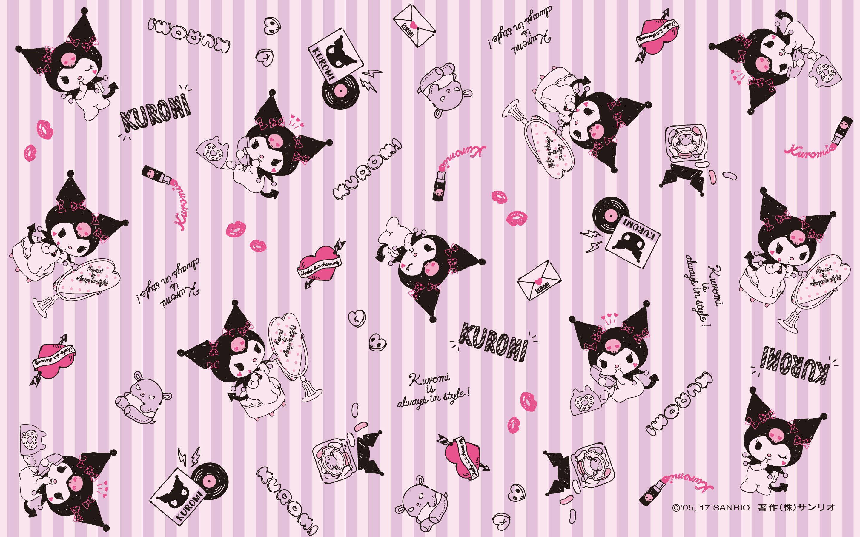 Kuromi, lavender, pink and white vertical stripes, 2K Desktop Wallpaper