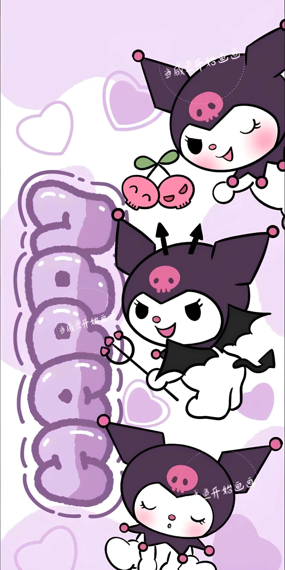 Kuromi, purple hats, pink skull motifs, Full HD Phone Wallpaper