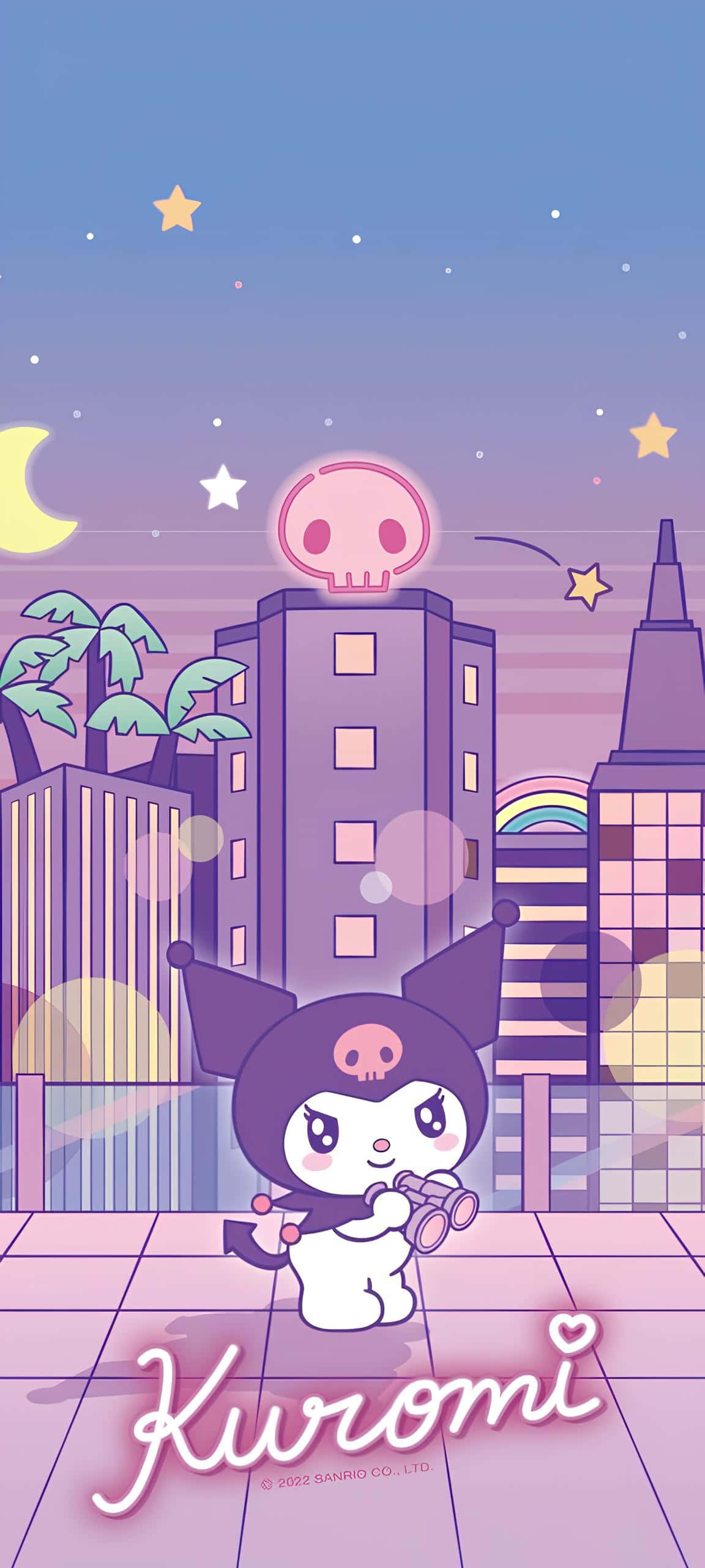 Kuromi, twilight, pastel cityscape, 2K Phone Wallpaper