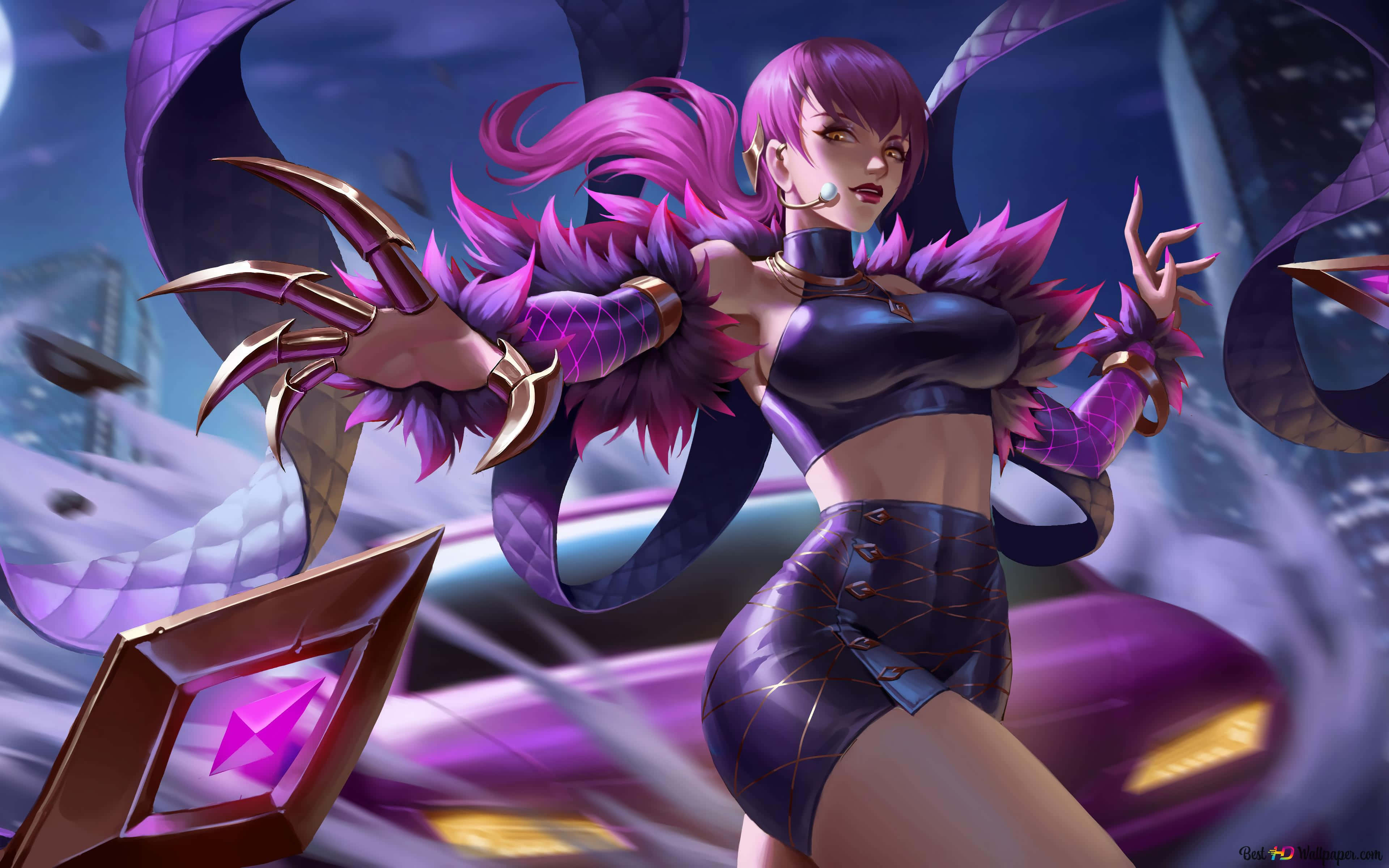 Charming Purple Nails Art Design, purple-haired anime woman, snake-like wings, 4K Desktop Wallpaper