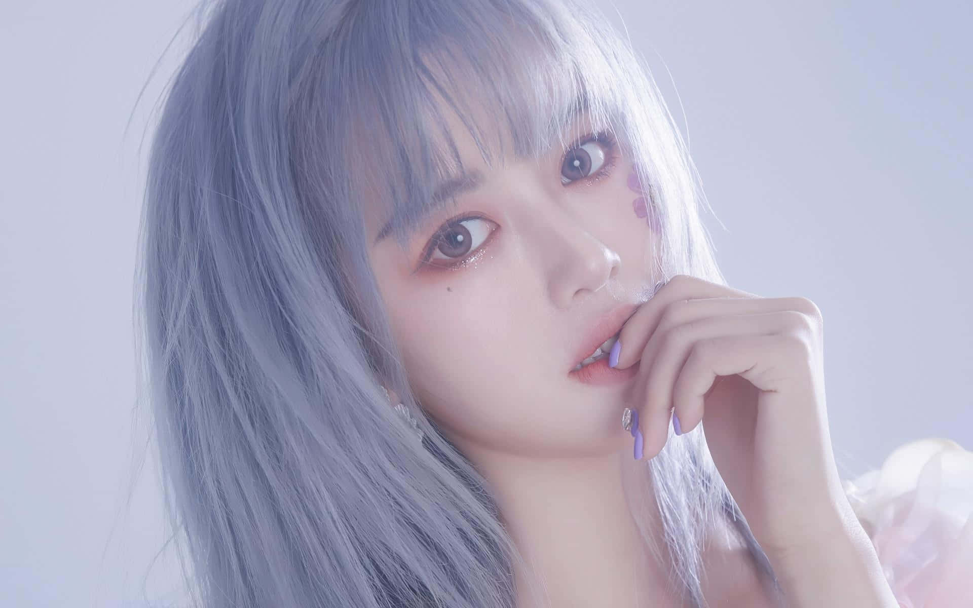 pastel purple nails, pale lavender hair, soft light gray background, Full HD Desktop Wallpaper