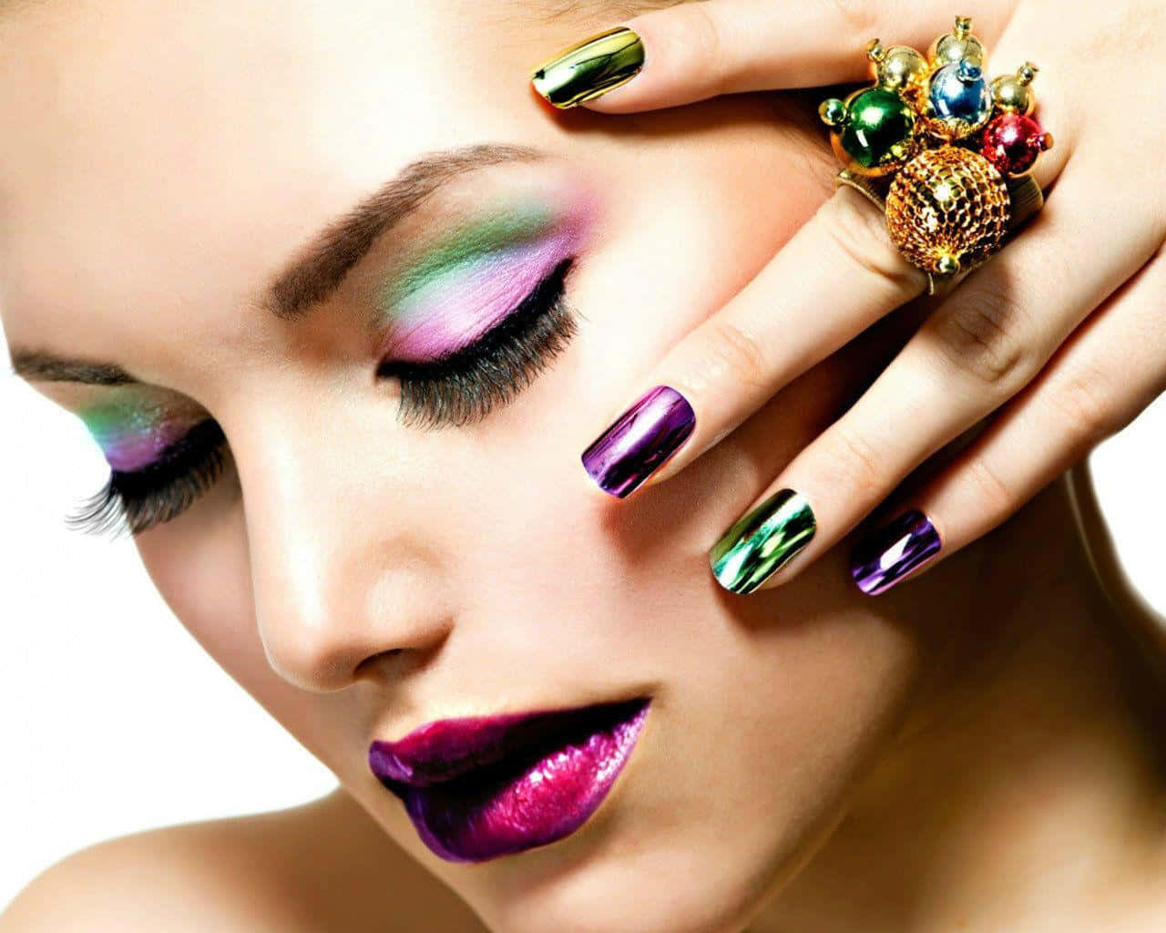 Purple Nails, vibrant iridescent makeup, metallic nails, HD Desktop Wallpaper