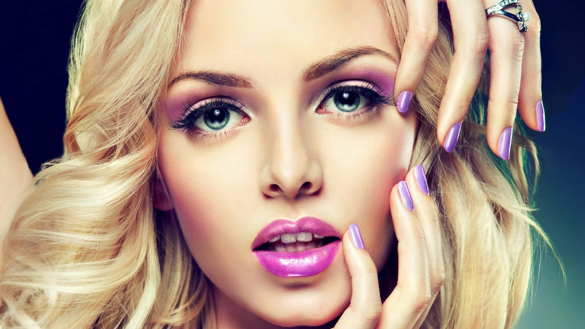 purple nails, glamorous blonde woman, striking green eyes, Full HD Desktop Wallpaper