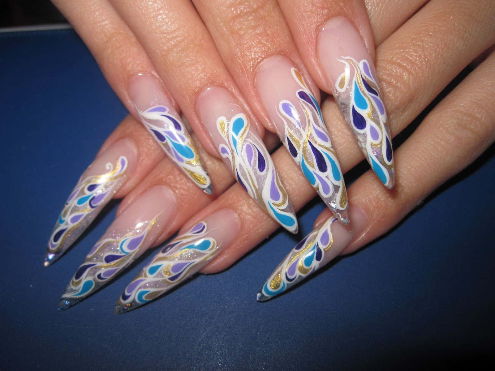 stiletto nails, blue purple, gold flame designs, HD Desktop Wallpaper