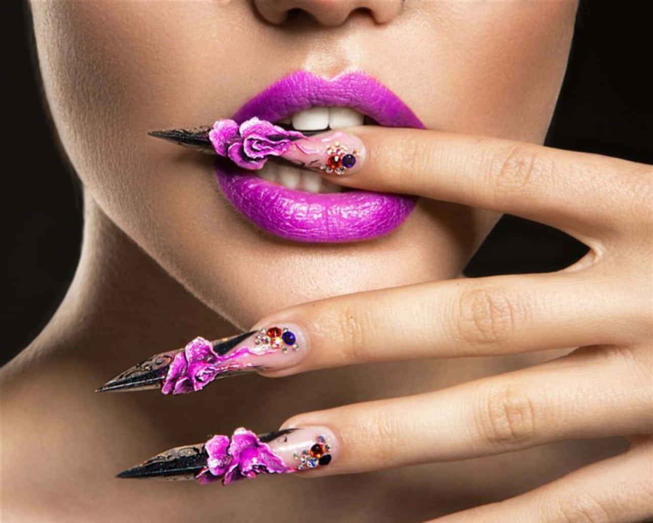purple lips, pink floral nails, close-up, HD Desktop Wallpaper