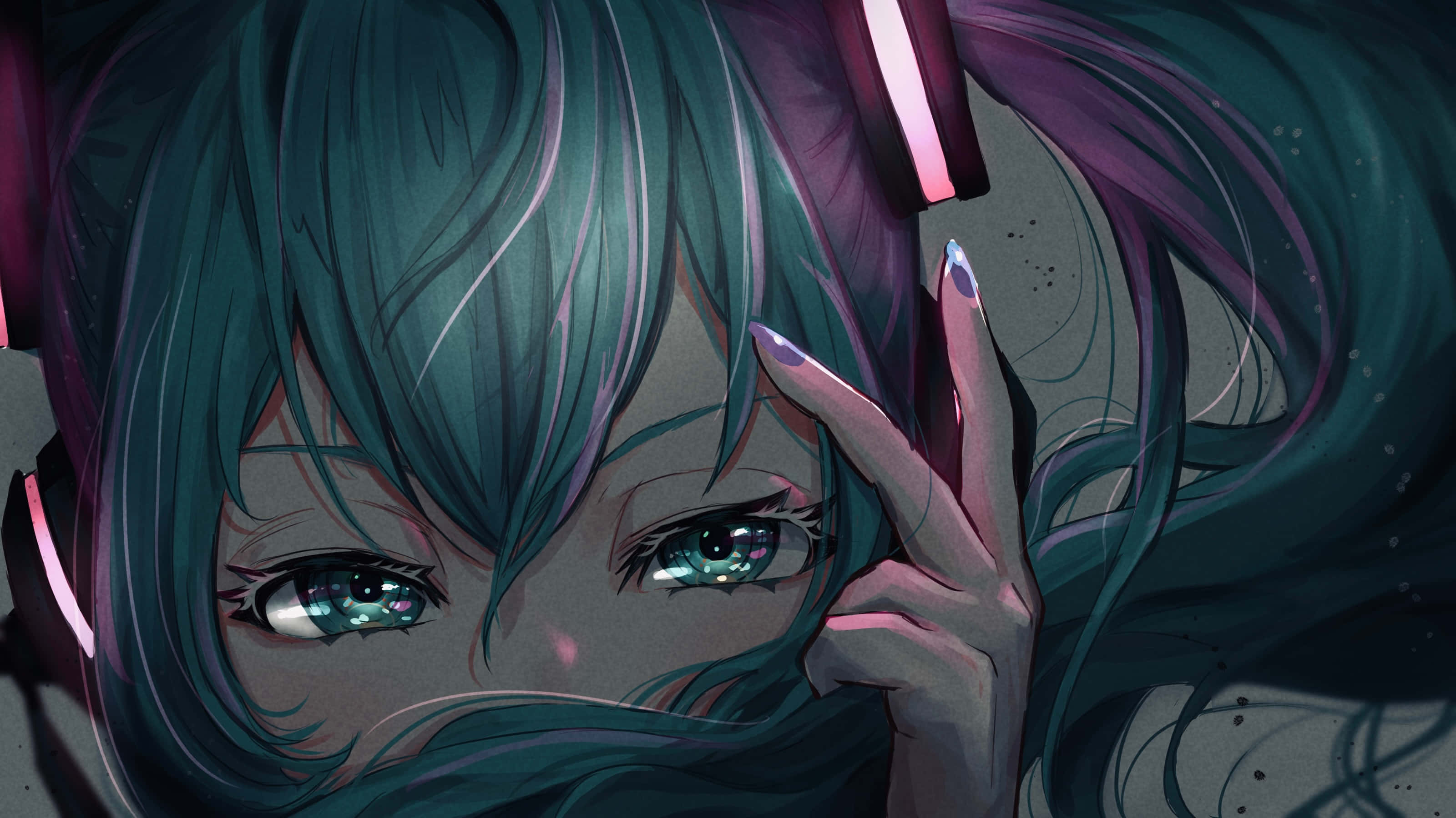purple nails, anime girl, teal hair, 2K Desktop Wallpaper