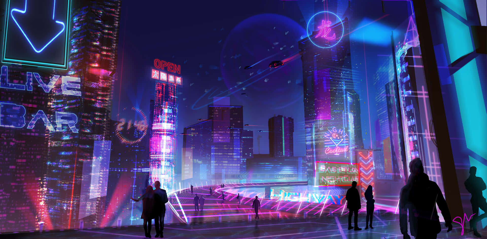 Purple Neon Aesthetic Computer, cyberpunk cityscape, neon-drenched, Full HD Desktop Wallpaper