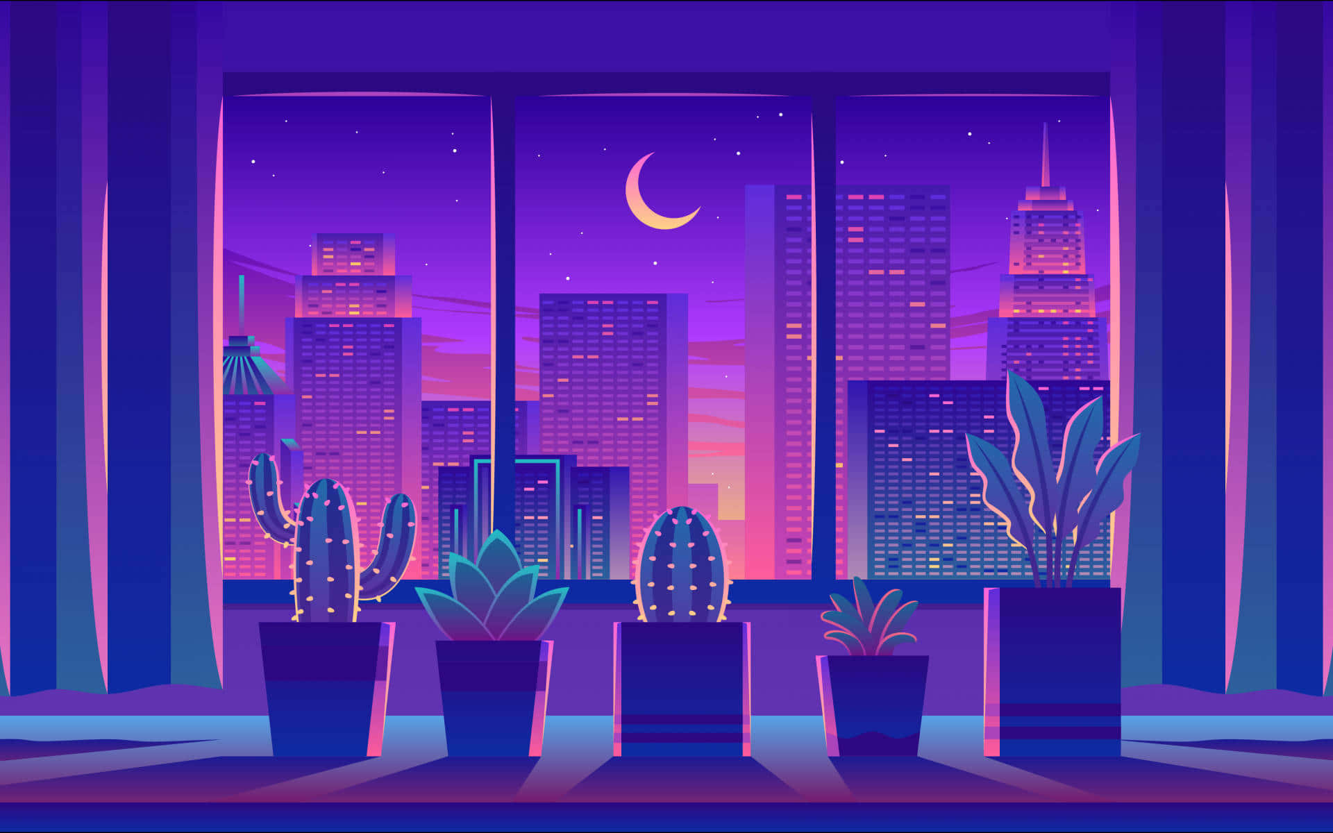 Purple Neon Aesthetic Computer, night scene, cactus, Full HD Desktop Wallpaper