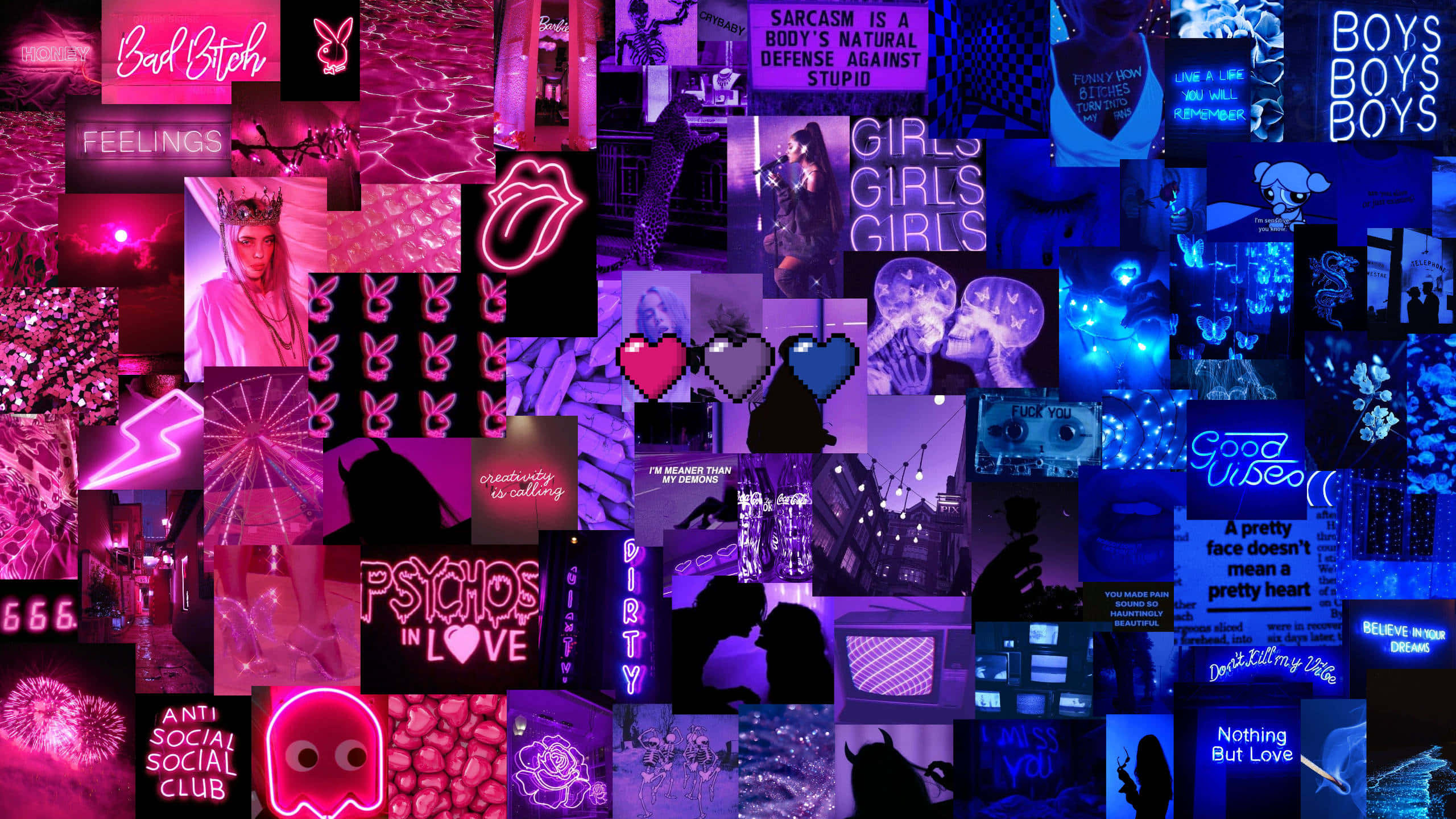 neon purple aesthetic computer, vibrant pink and blue neon, pop culture icons, 2K Desktop Wallpaper