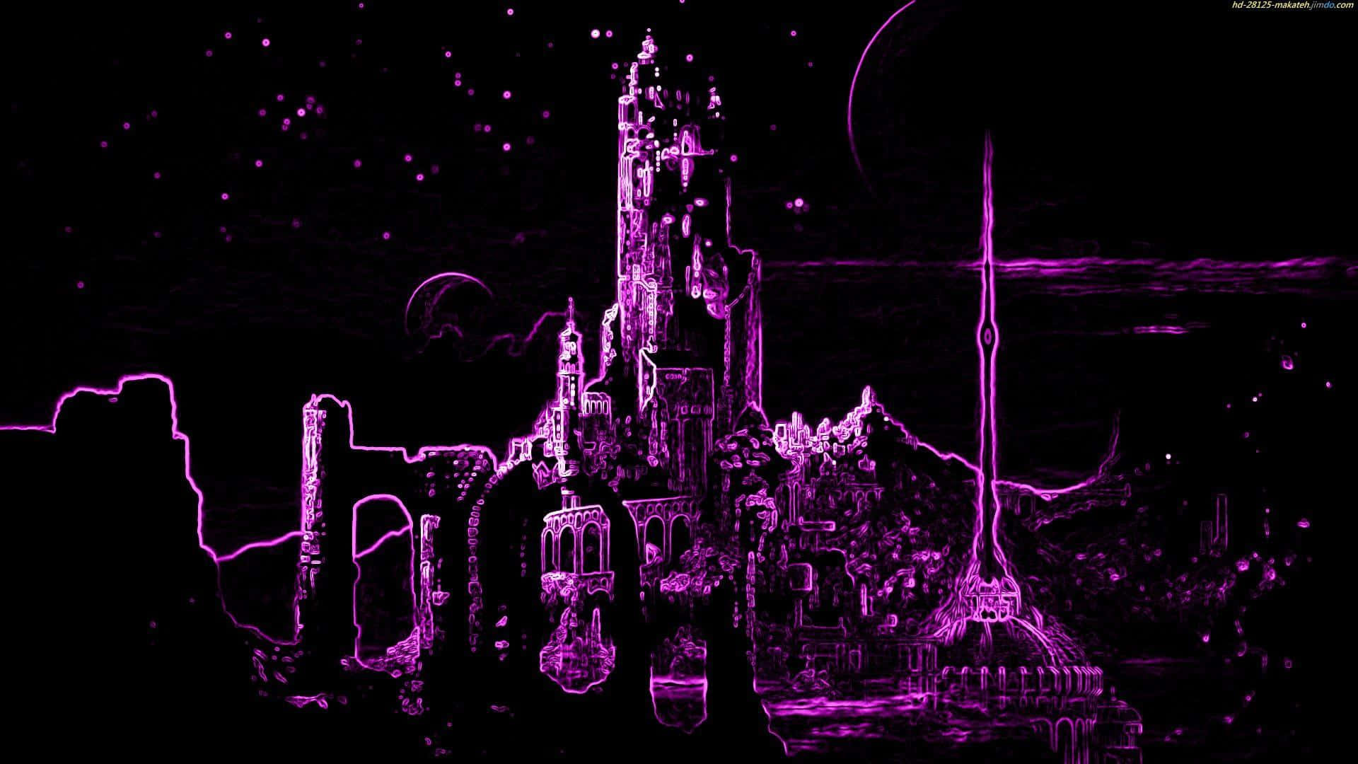deep purple neon aesthetic, glowing purple neon castle silhouette, starry night sky, Full HD Desktop Wallpaper