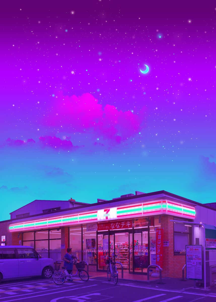 711 convenience store, surreal purple and blue starry sky, crescent moon, SD Phone Wallpaper