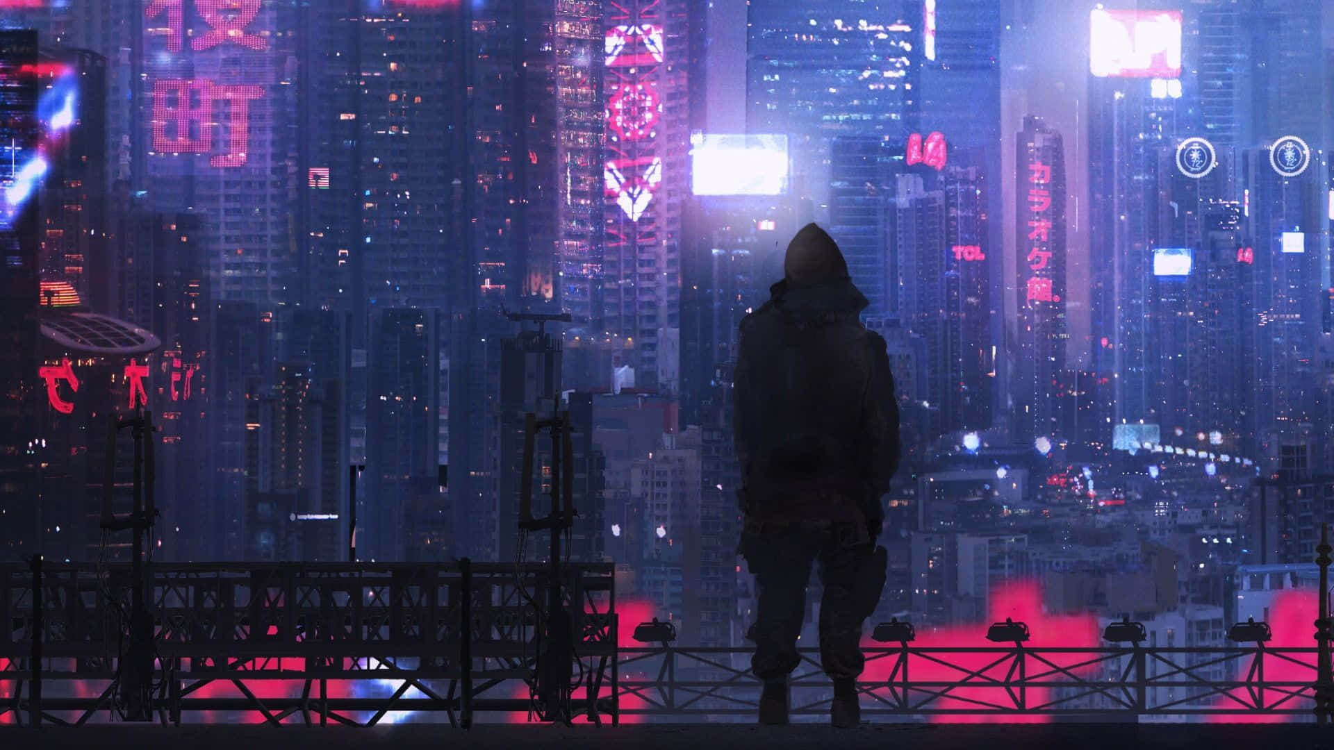 Purple Neon Aesthetic Computer, neon-drenched cyberpunk cityscape, night, Full HD Desktop Wallpaper