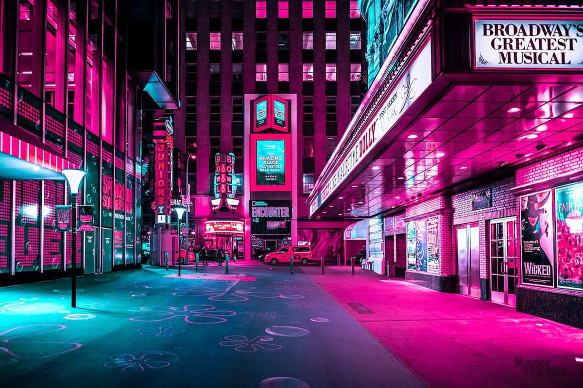 neon pink, teal, bustling Broadway theater district, SD Desktop Wallpaper