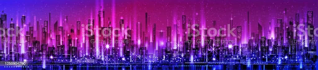 Purple Neon Aesthetic Computer, futuristic city skyline, vibrant purple and blue neon lights, SD Desktop Wallpaper