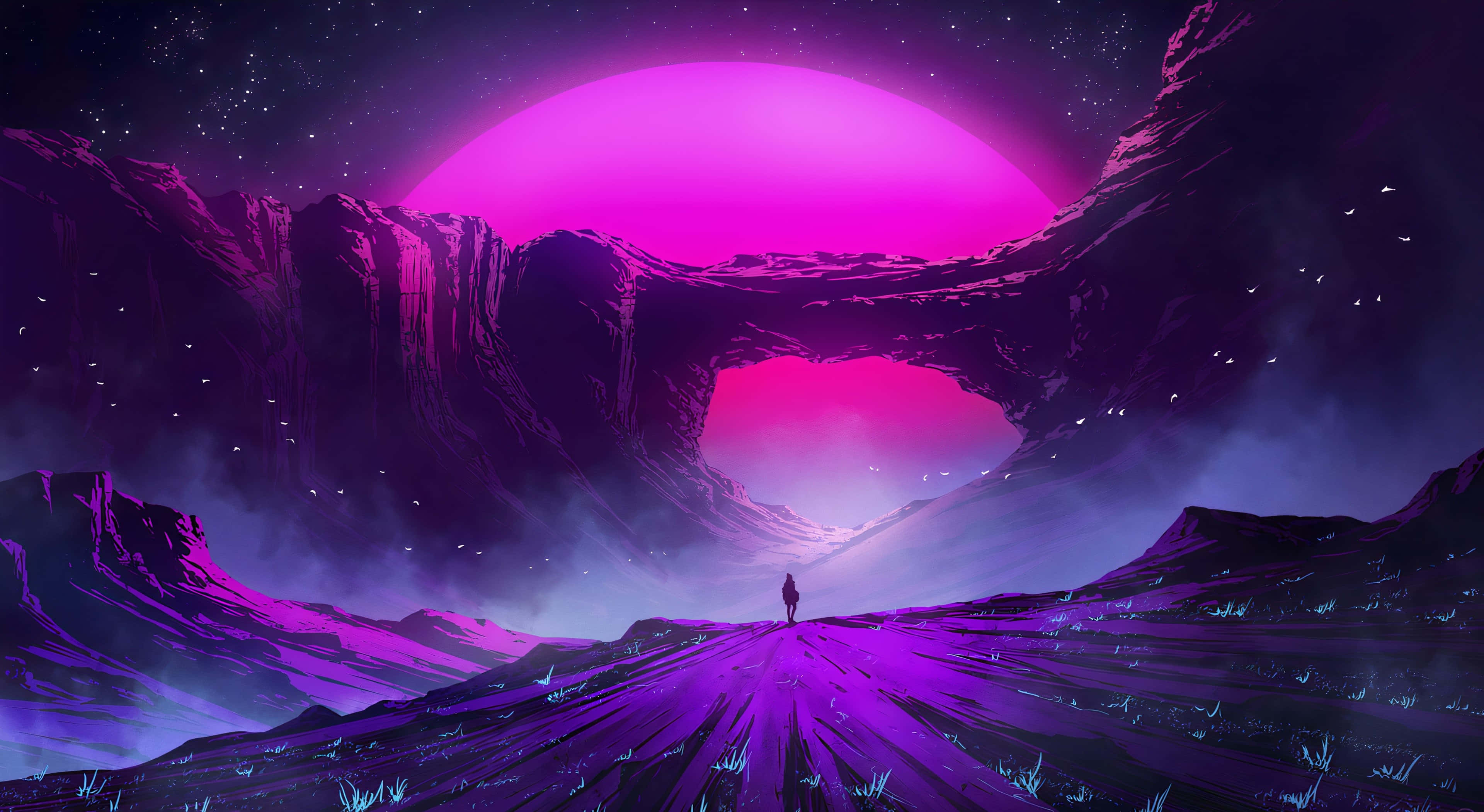 evening sky, glowing purple path, massive pink planet, 4K Desktop Wallpaper