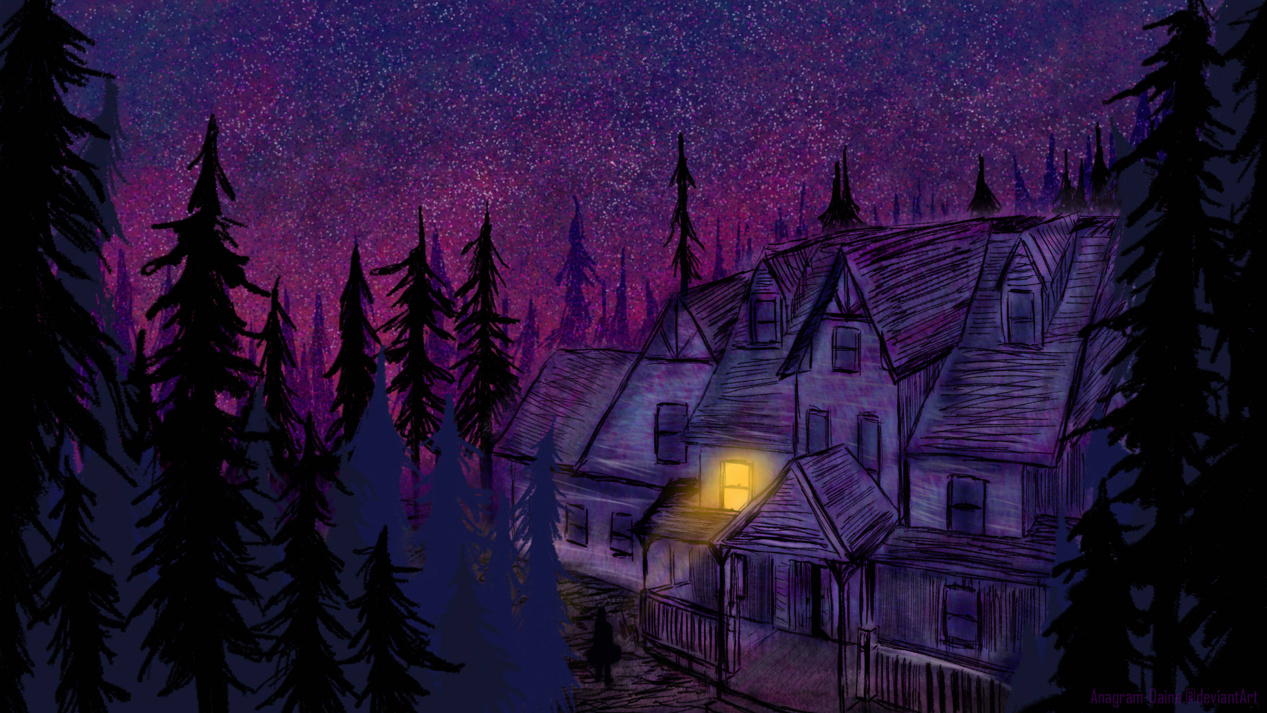 Purple Night Sky, cottage, forest, 2K Desktop Wallpaper
