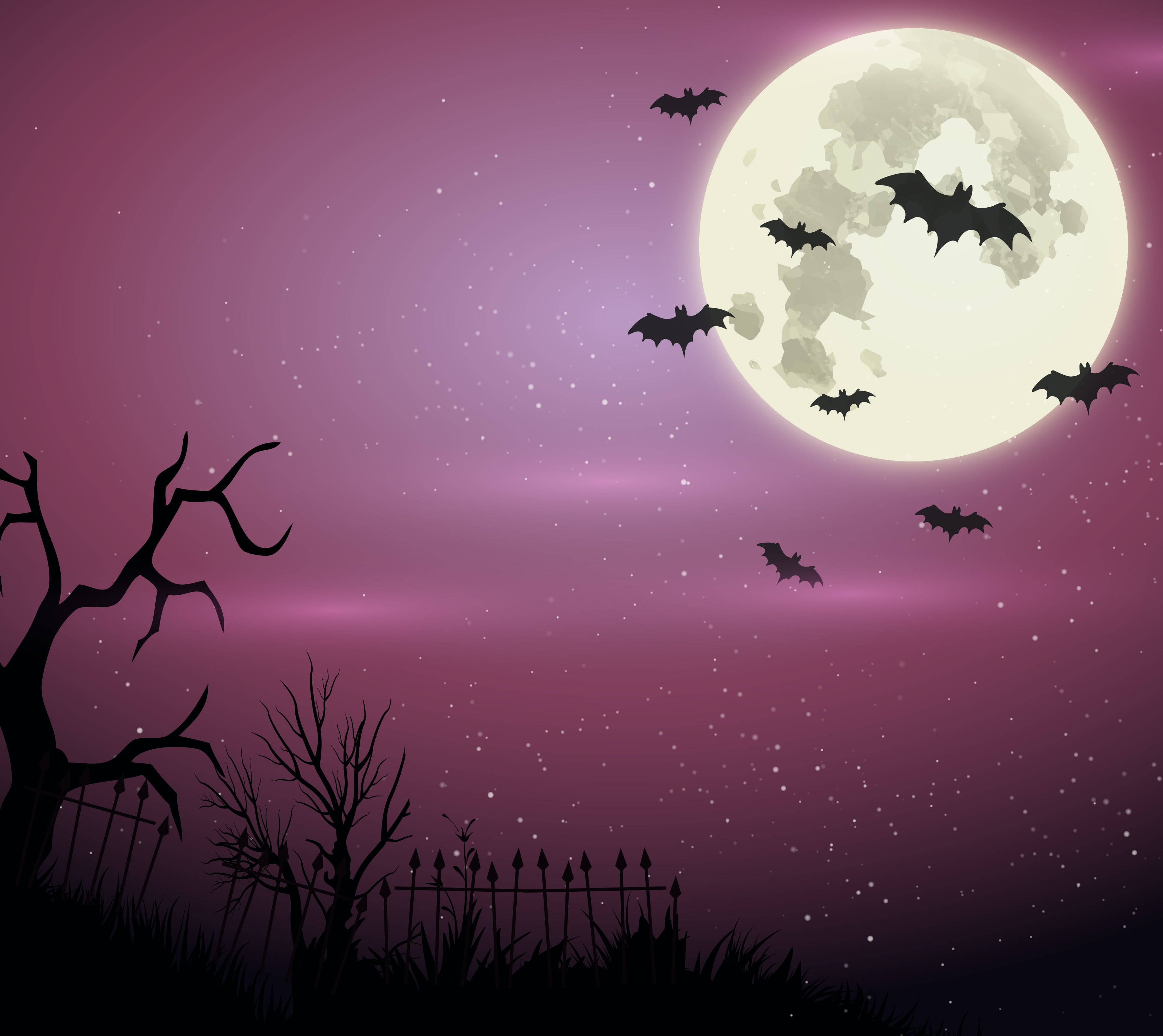 Cute Purple Halloween Print, bats, glowing full moon, 2K Desktop Wallpaper