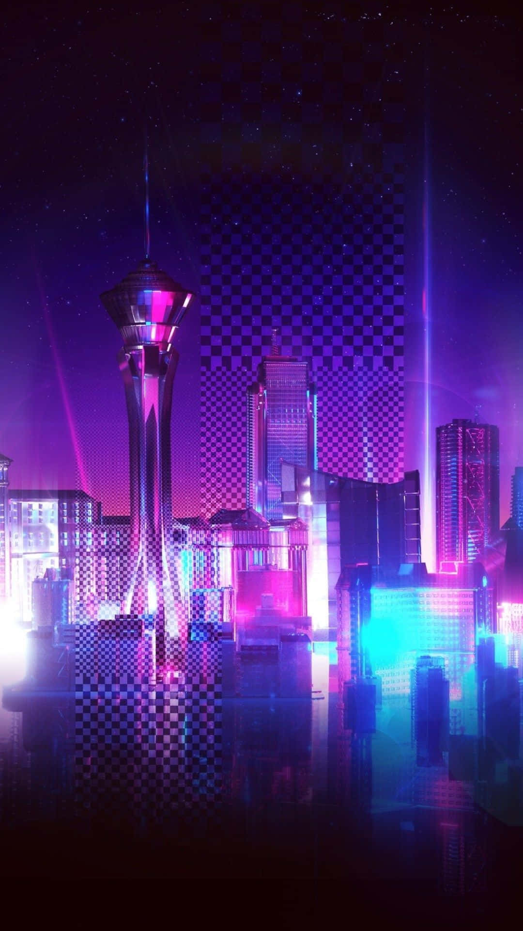 Purple Phone, neon-drenched cyberpunk cityscape, towering skyscrapers, Full HD Phone Wallpaper