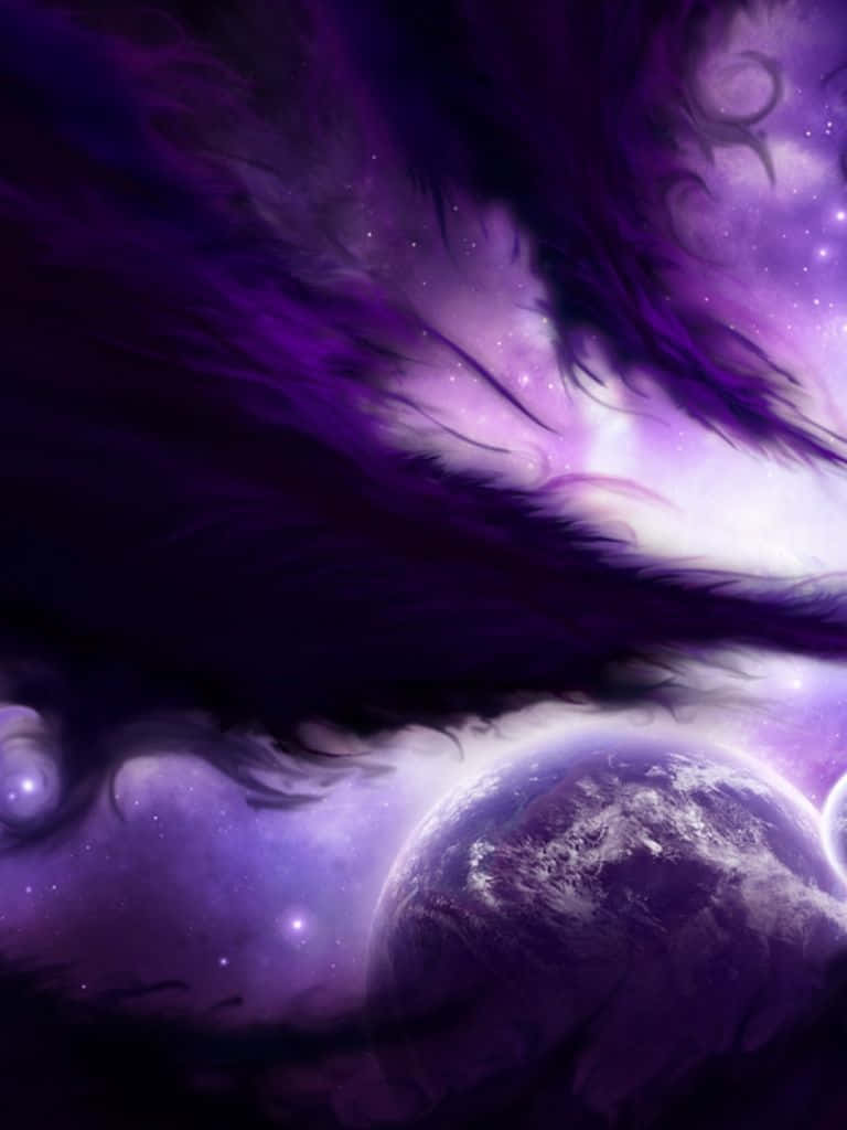 purple phone, swirling purple nebulae, glowing planets, SD Phone Wallpaper